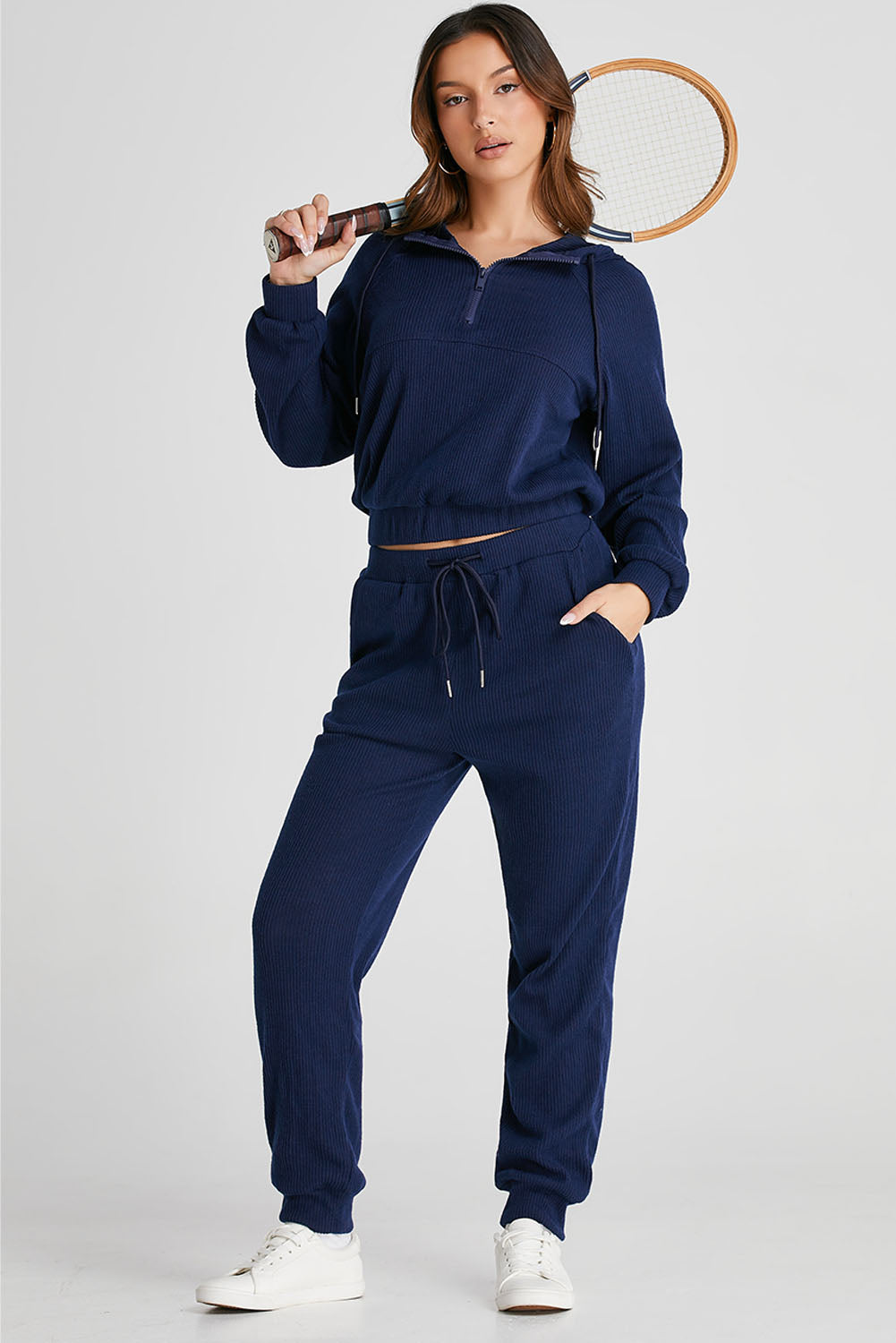 Ribbed Knit Cropped Hoodie and Drawstring Joggers Set