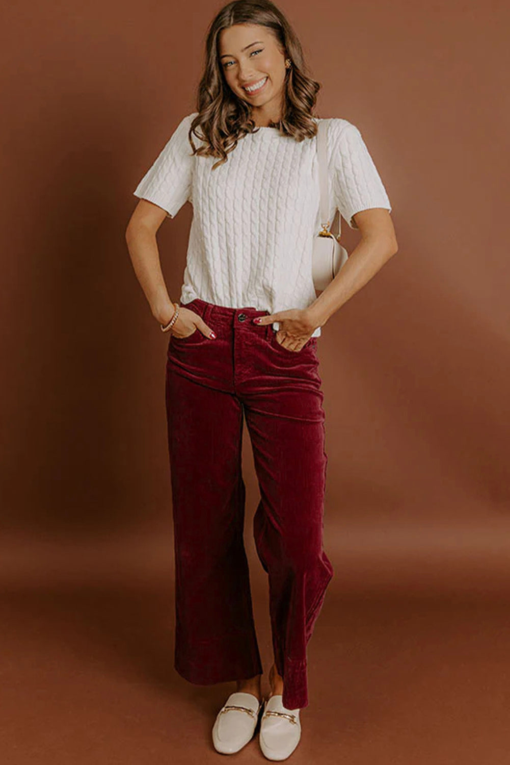 Burgundy Corduroy High Waist Wide Leg Pants