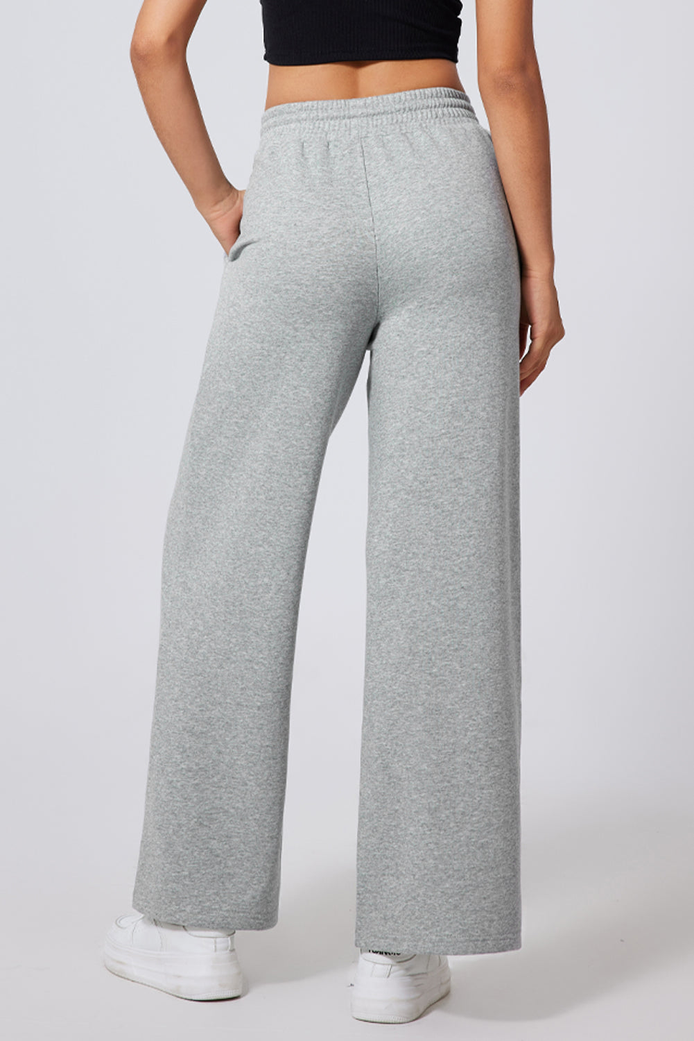 Grey Seamed Drawstring High Waist Wide Leg Sweatpants