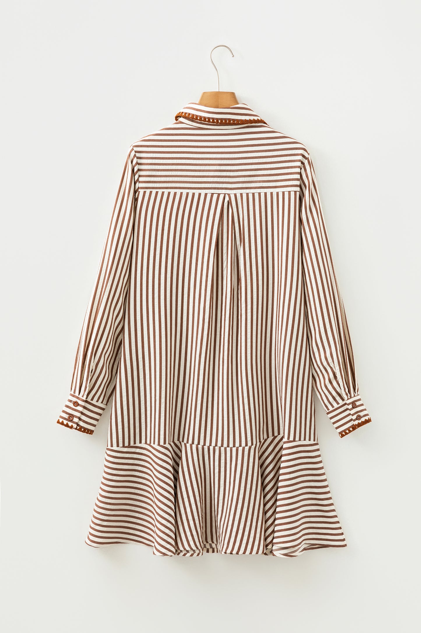 Stripe Shirt Collar Embroidered Trim Ruffle Hem Mini Dress
