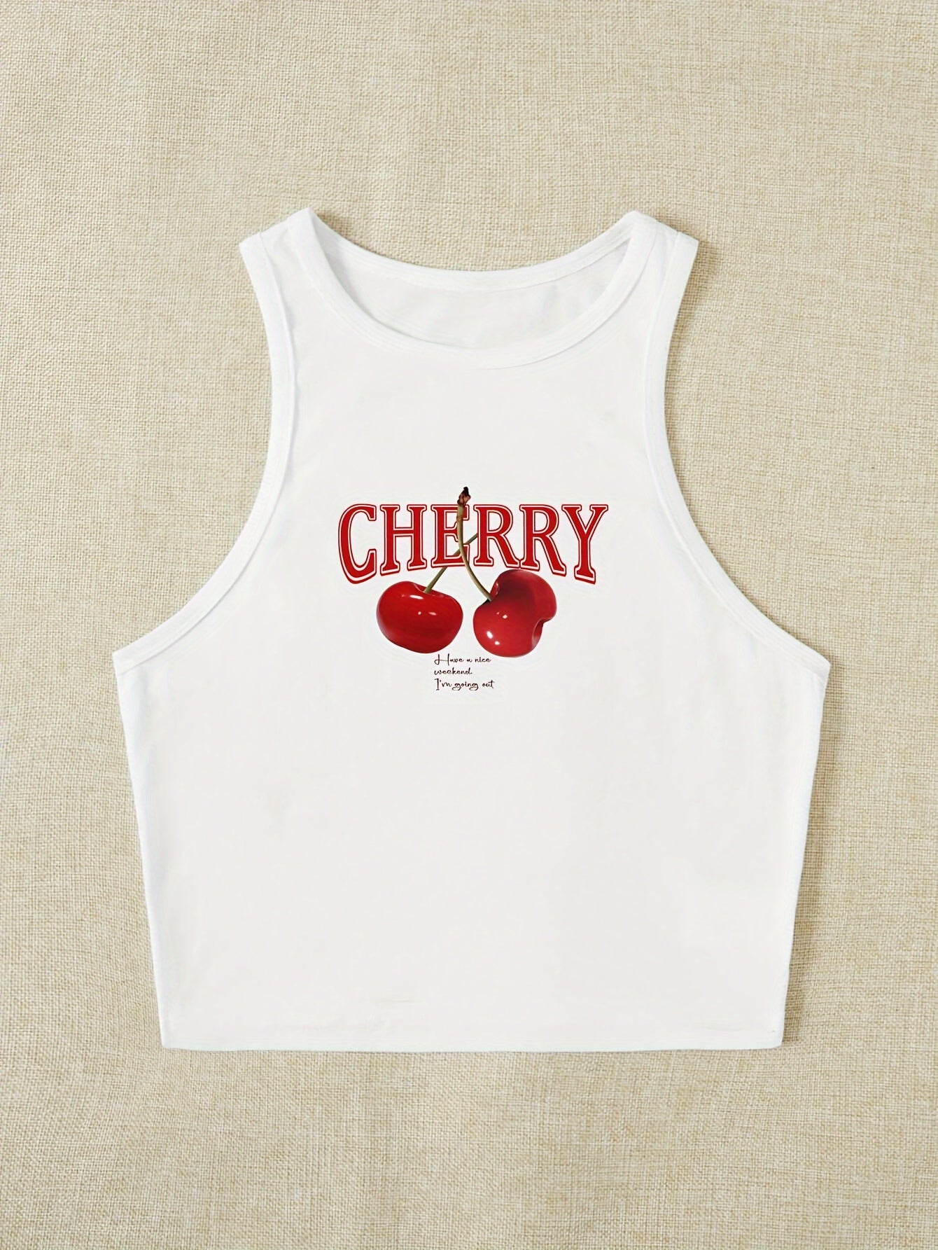 Women's Summer Cherry Print Crew Neck Sleeveless  Tank Top