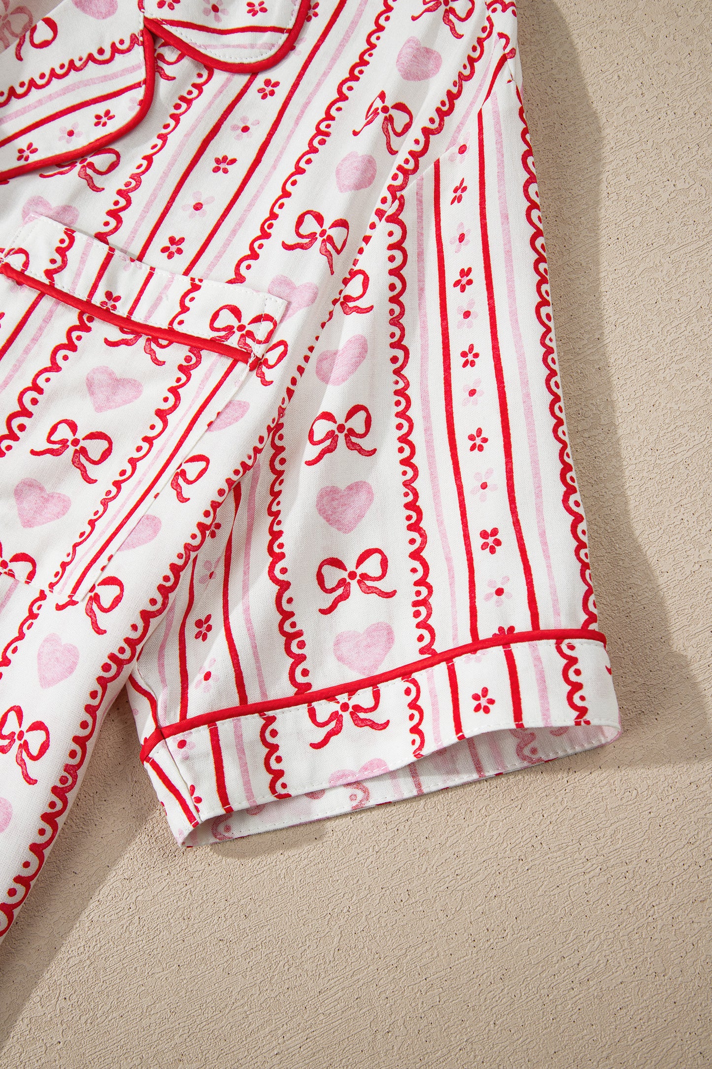 Bow Heart Print Ribbon Decor Short Pajama Set - Red