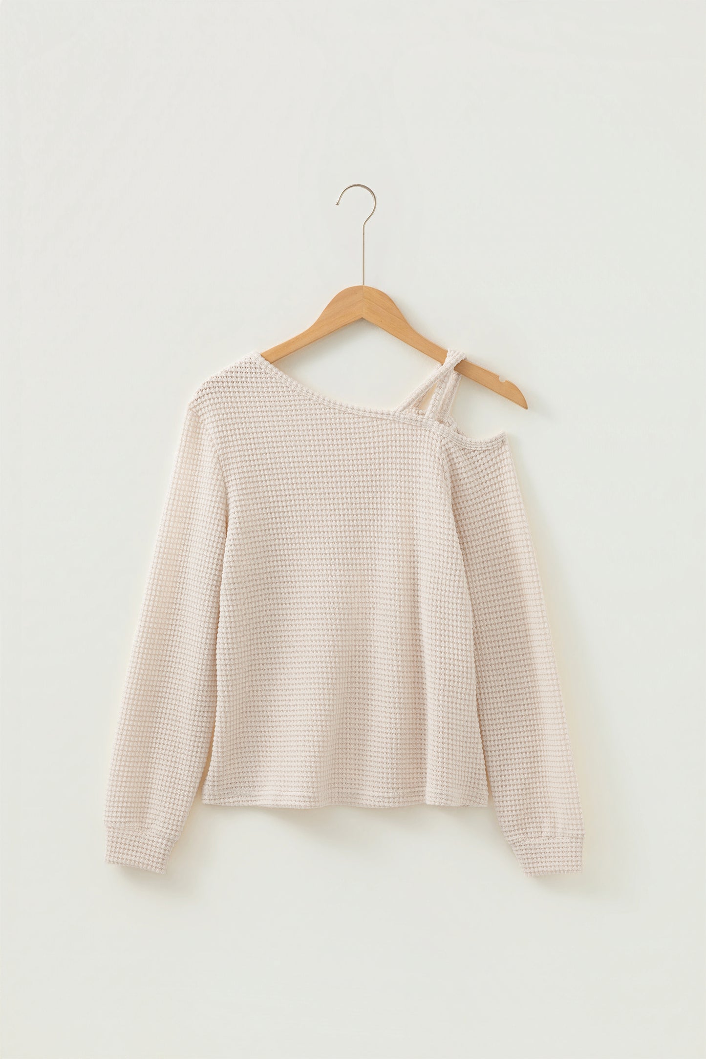 Solid Color Textured Knit Asymmetric Shoulder Long Sleeve Top