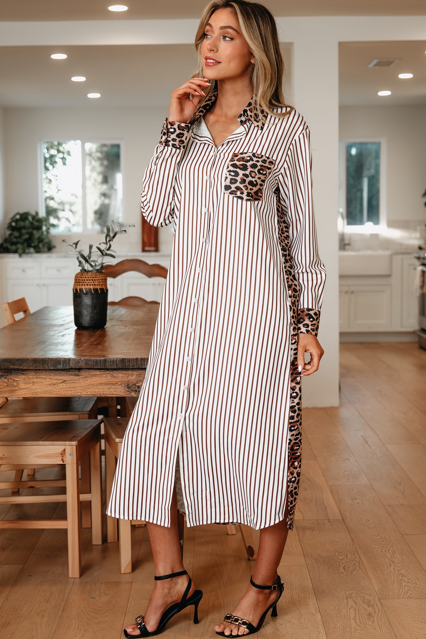Stripe Contrast Leopard Patchwork Long Shirt Dress with Slits