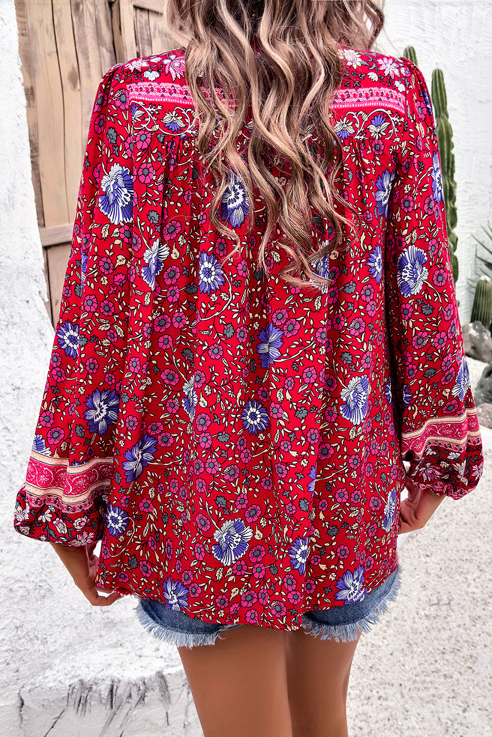 Floral Print Tassel Tie Front Long Sleeve Blouse