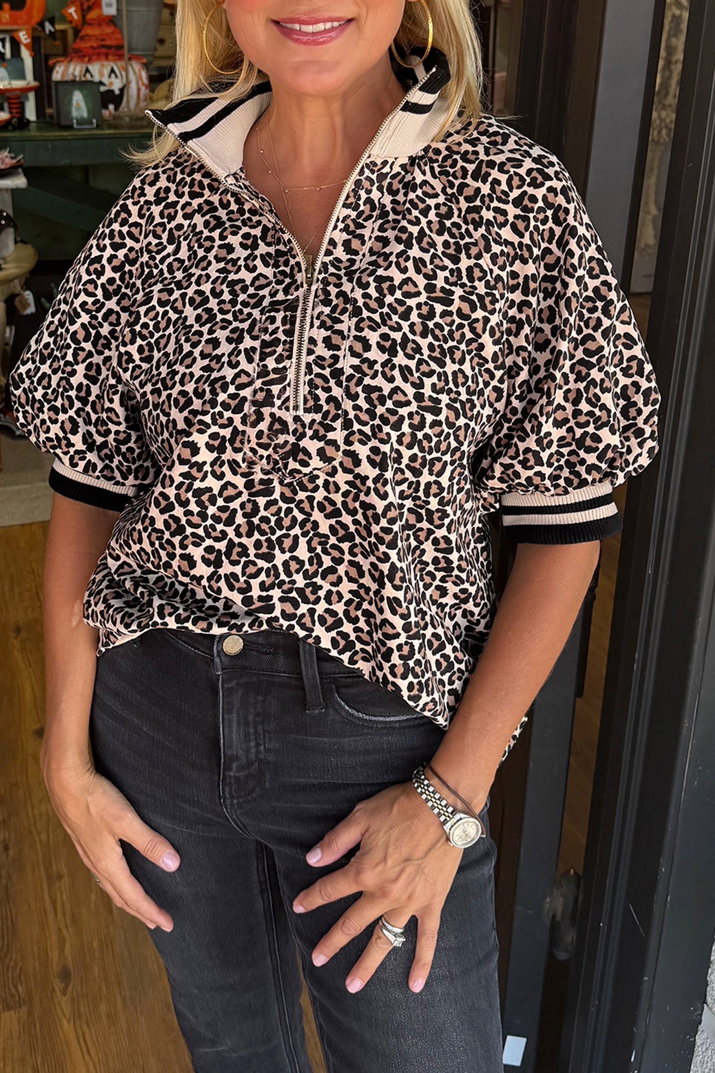 Brown Leopard Print Half Zip Striped Trim Short Sleeve Top