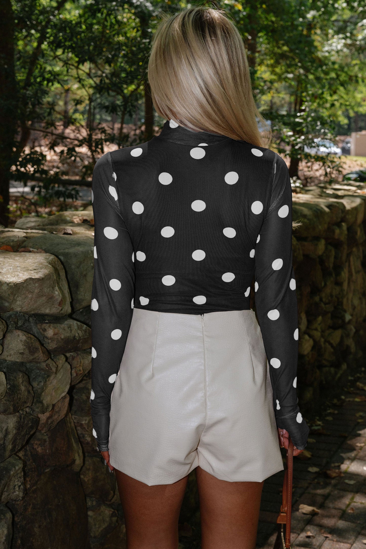 Vintage Polka Dot Mesh Long Sleeve Bodysuit - Black