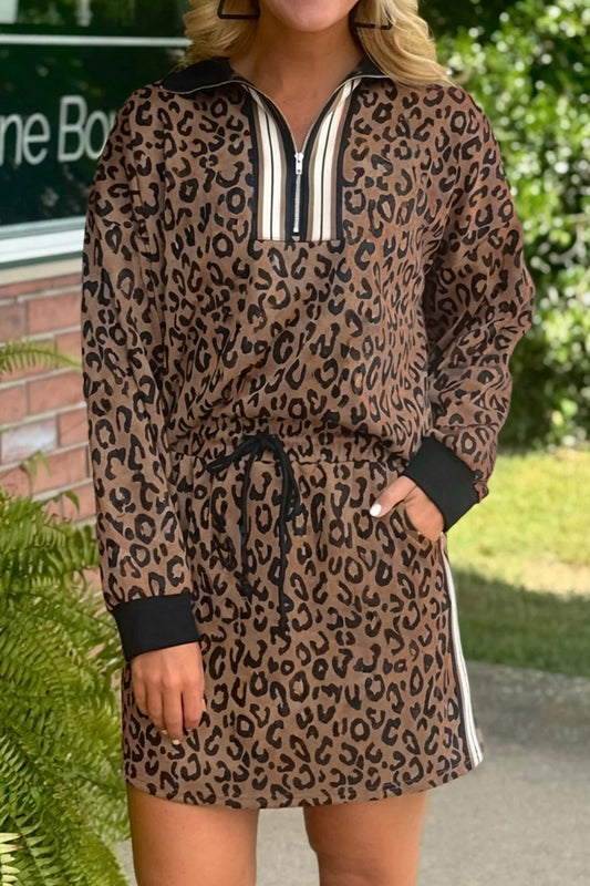 Leopard Print Quarter Zip Long Sleeve Top & Mini Skirt Set