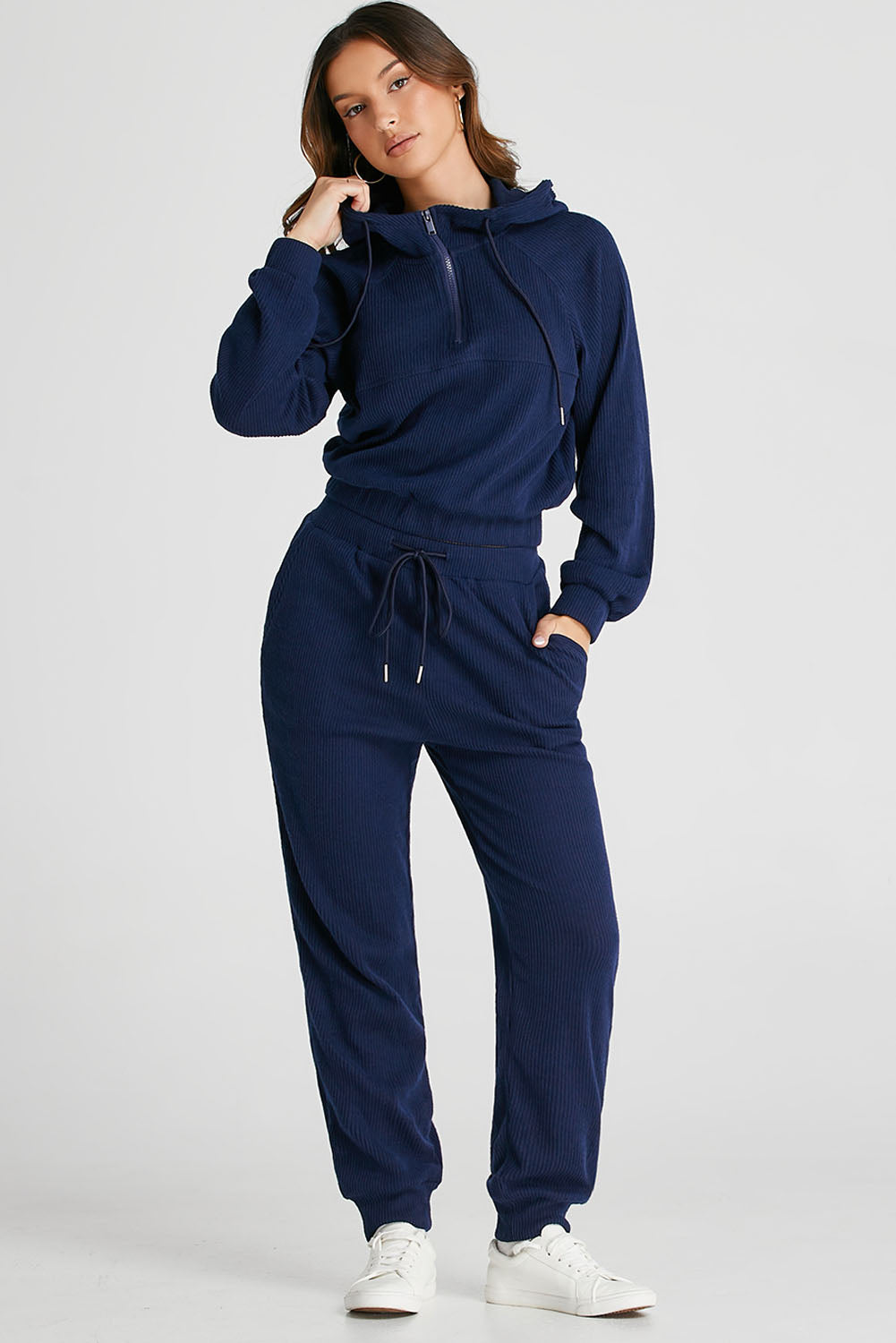 Ribbed Knit Cropped Hoodie and Drawstring Joggers Set