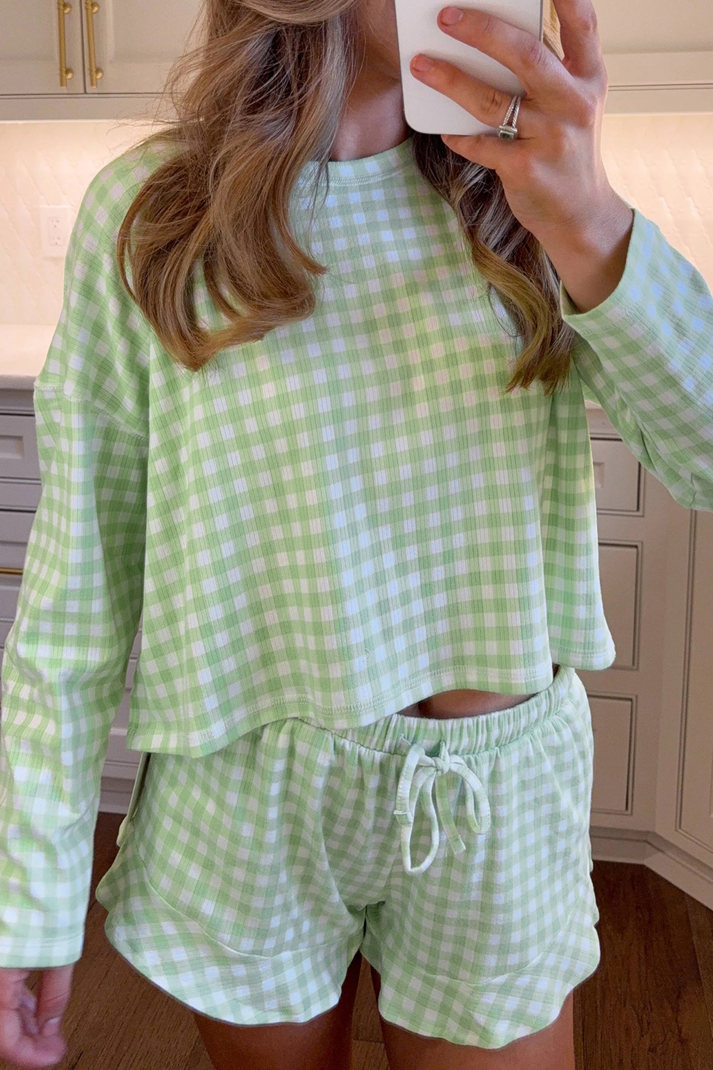 Gingham Long Sleeve Loose Top & Drawstring Shorts Lounge Set