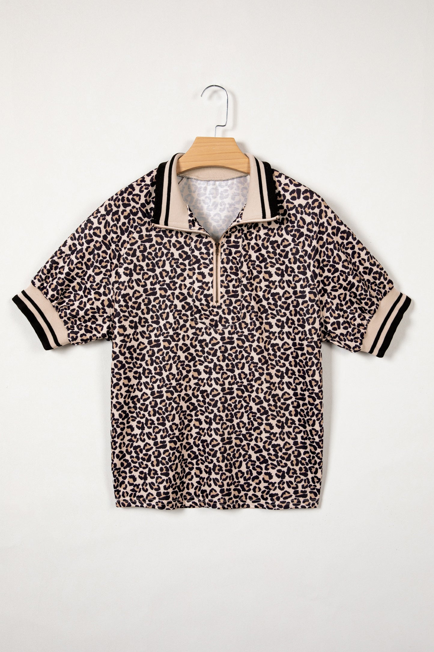 Brown Leopard Print Half Zip Striped Trim Short Sleeve Top
