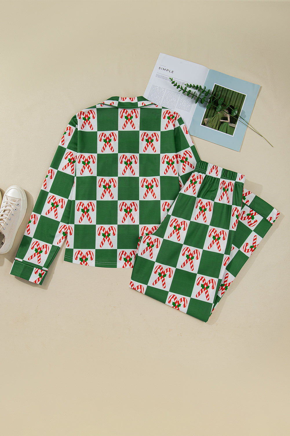 Holly Jolly Checkered Pattern 2pcs Long Pajama Set - Green