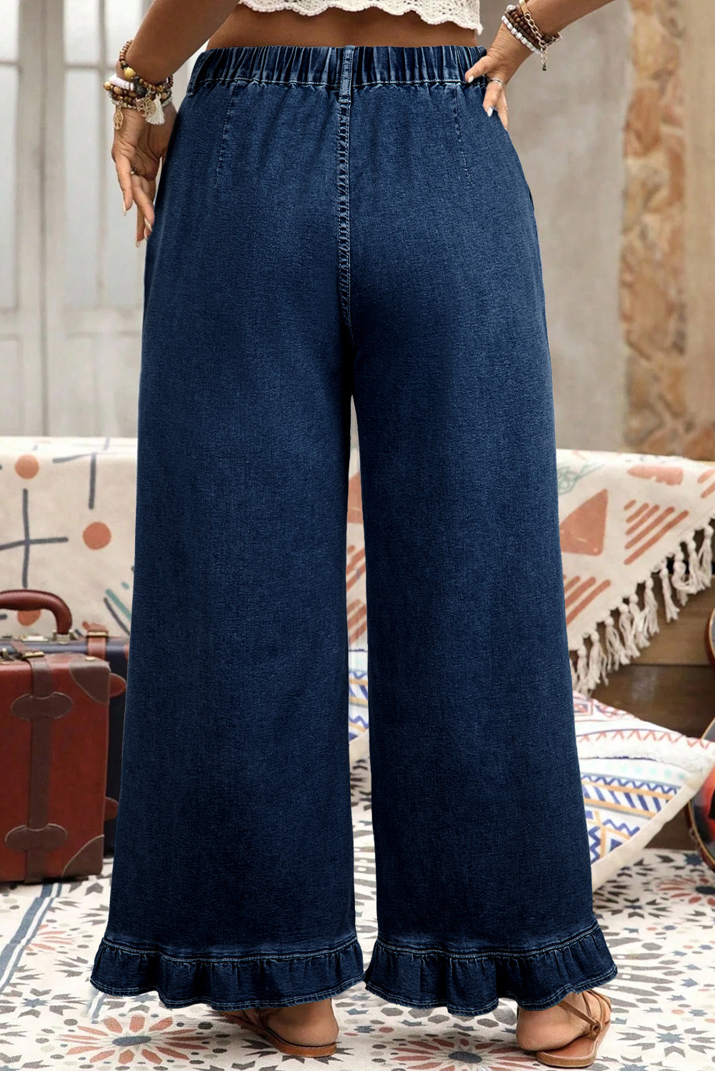 Plus Size Elastic Waist Ruffled Wide Leg Denim Pants