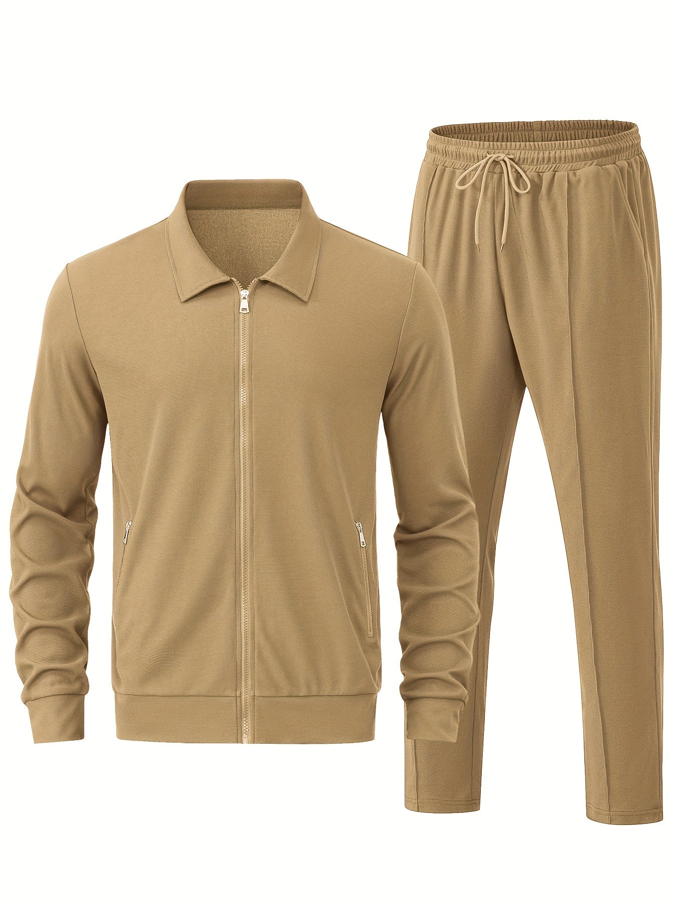 Men's Solid Waffle 2Pcs Athletic Outfit, Zip-up Jacket & Trousers Co ord Set