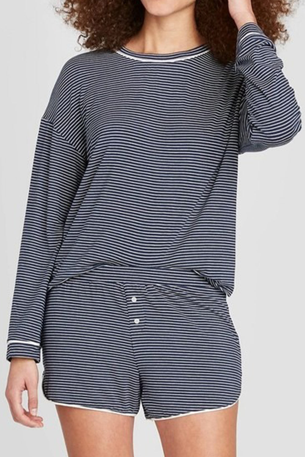 Stripe Drop Shoulder Tee and Buttoned Shorts Lounge Set - Blue