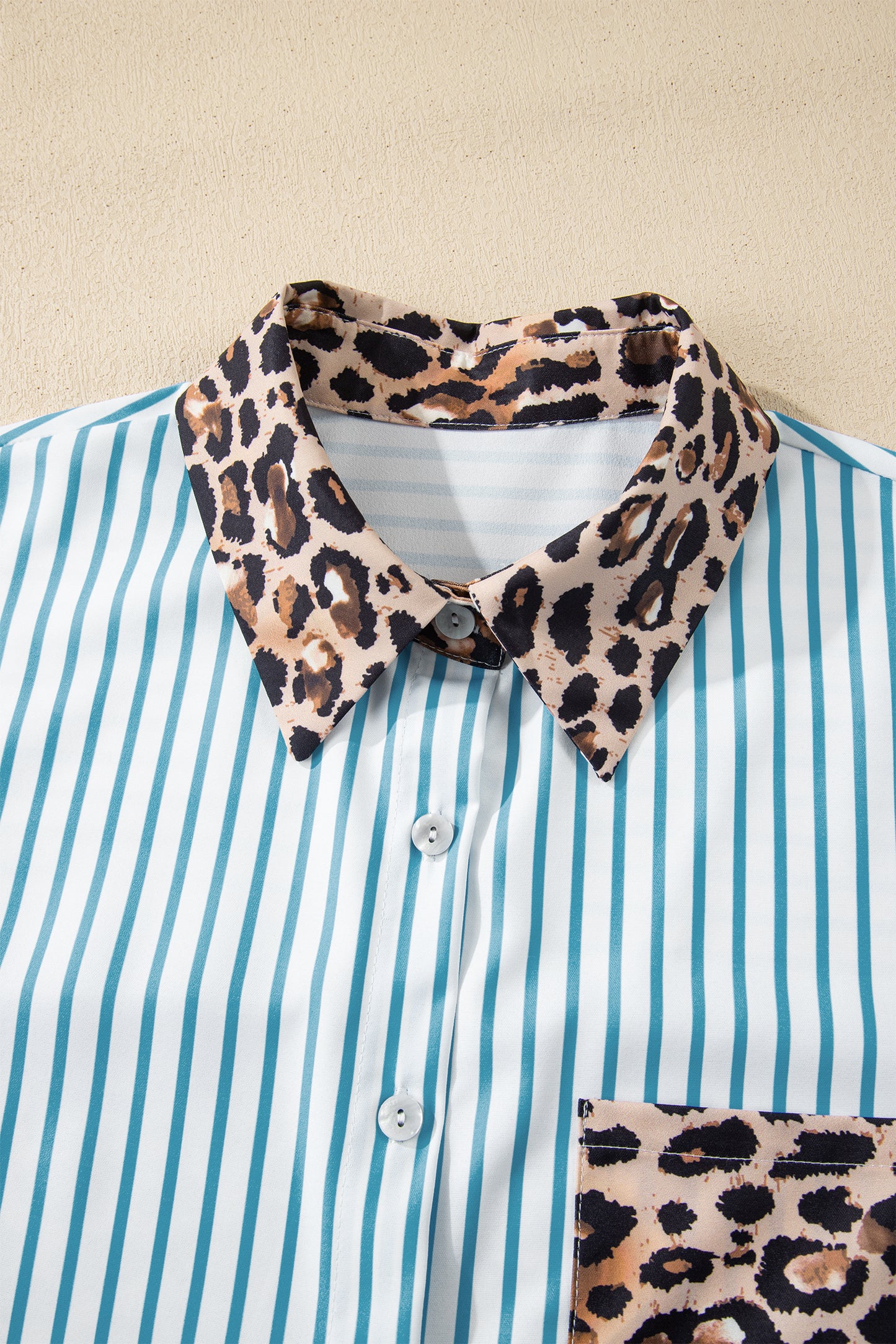 Stripe Contrast Leopard Patchwork Long Shirt Dress with Slits