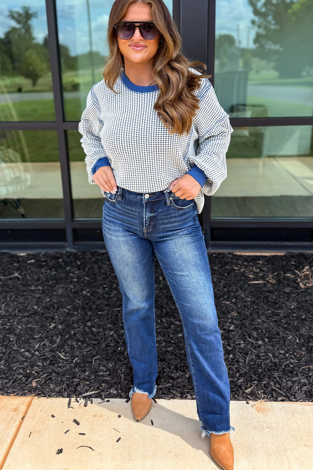 Waffle Knit Exposed Stitching Casual Top