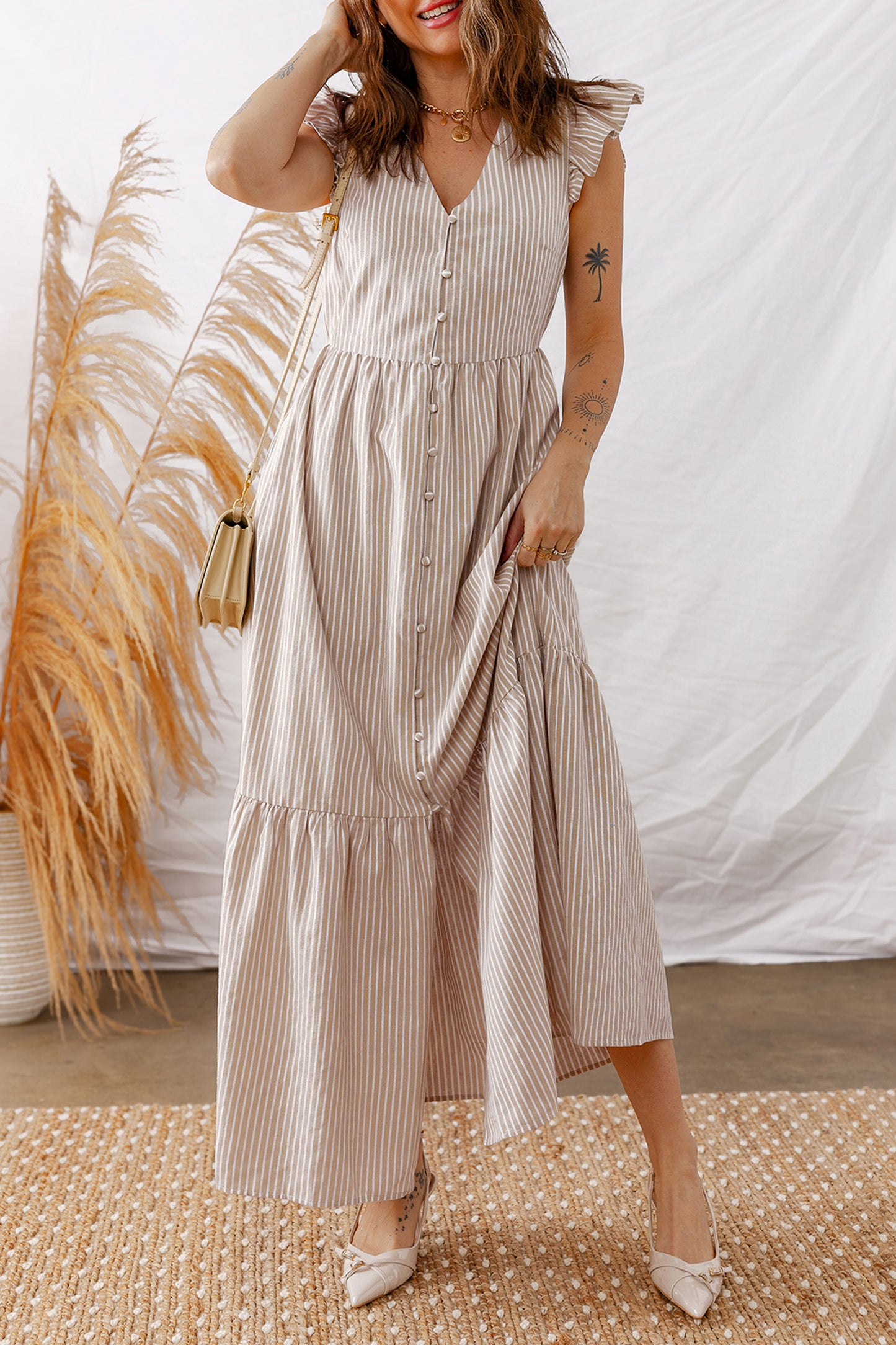 Striped Flutter Sleeve Button Front Maxi Dress