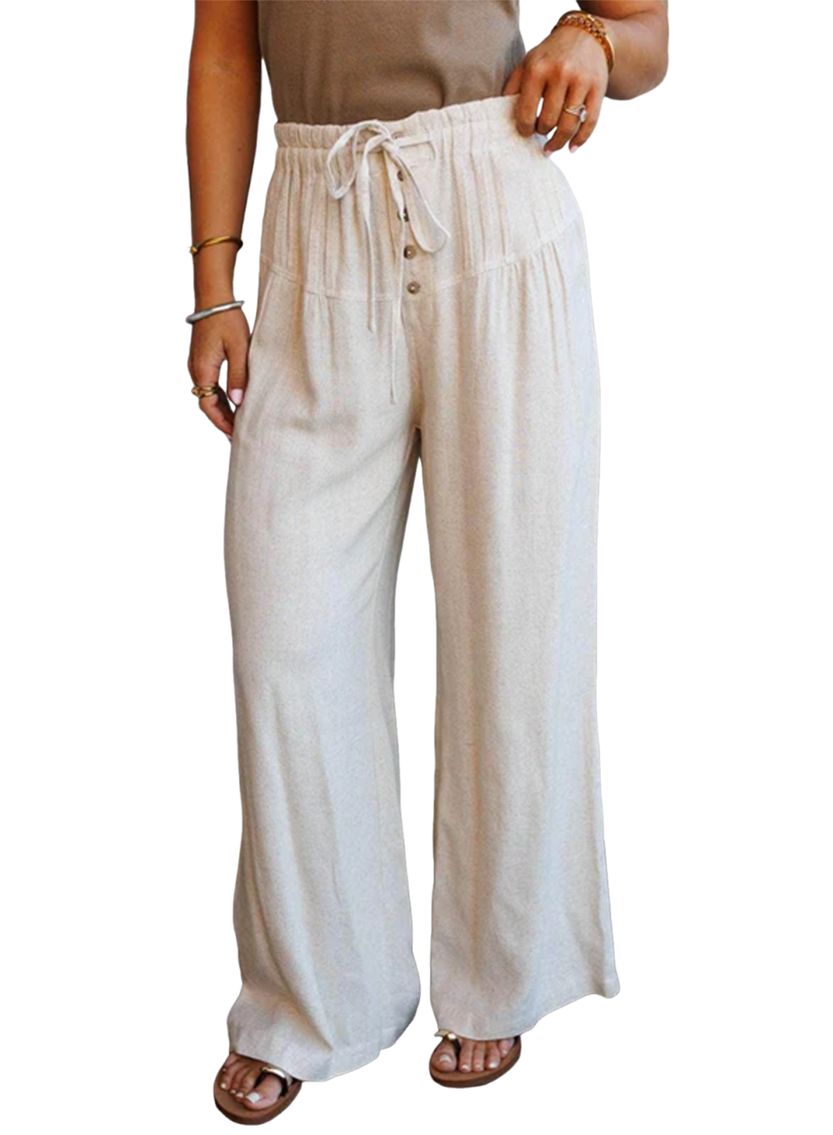 Drawstring Elastic Waist Button Pleated Detail Wide Leg Pants