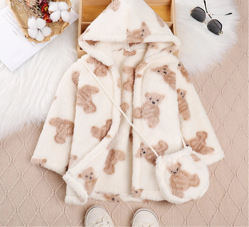 Children's Girl's Bear Print Faux Fur Fleece Coat with Bag