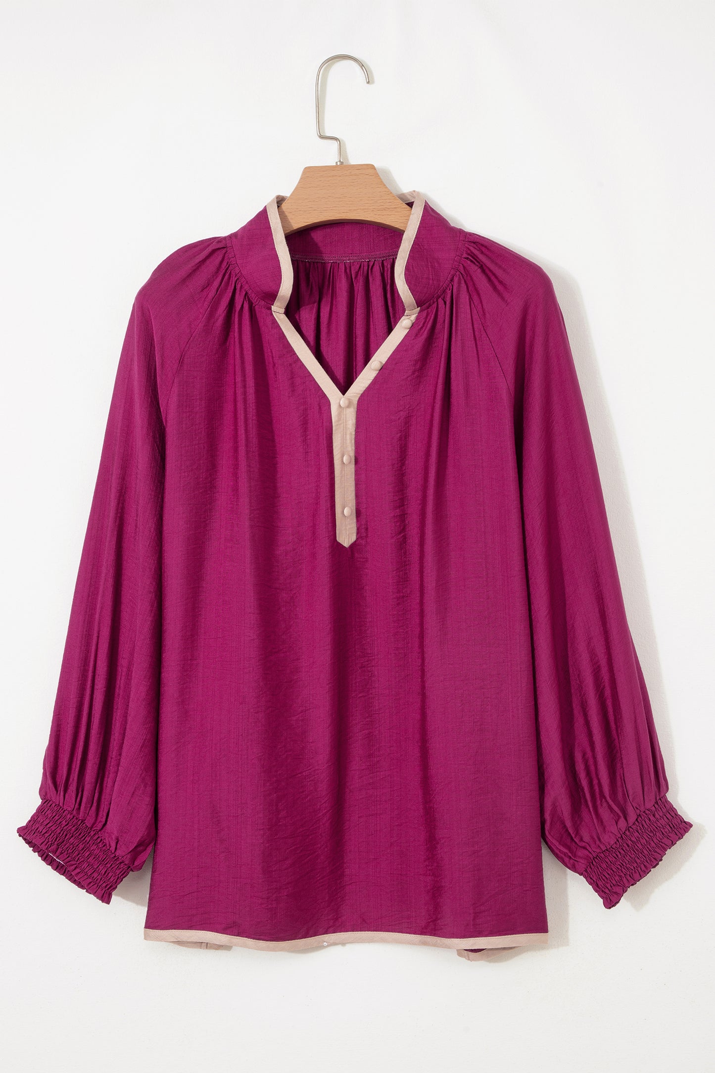 Contrast Trim Button V Neck Puffy Bracelet Sleeve Blouse - Plus Size