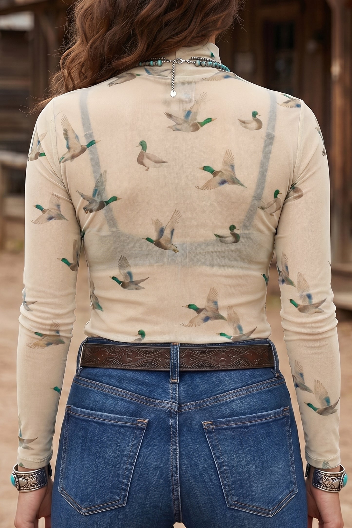 Beige Western Print Mesh High Neck Long Sleeve Top