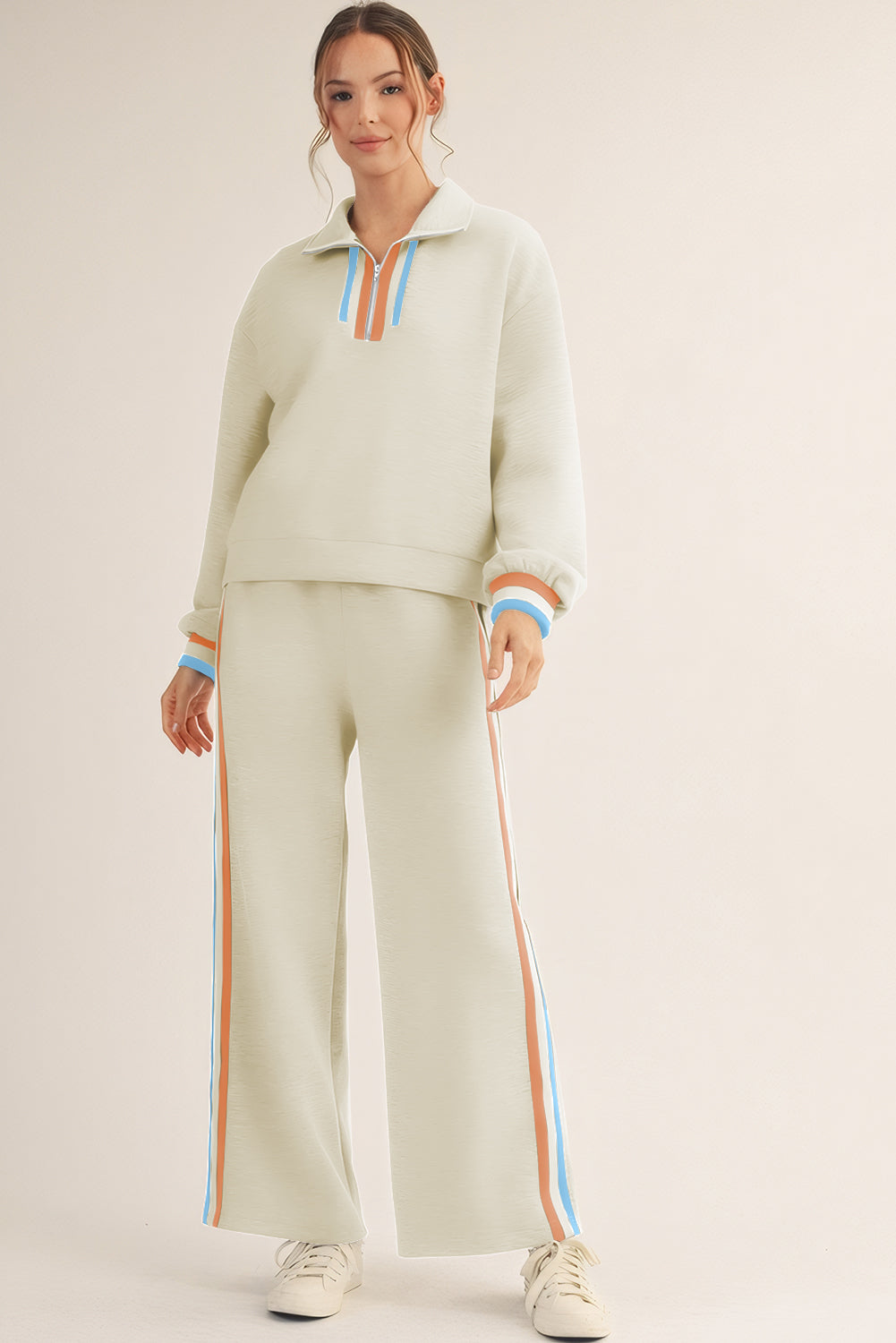 Striped Patchwork Quarter Zip Pullover Loose Pants Set