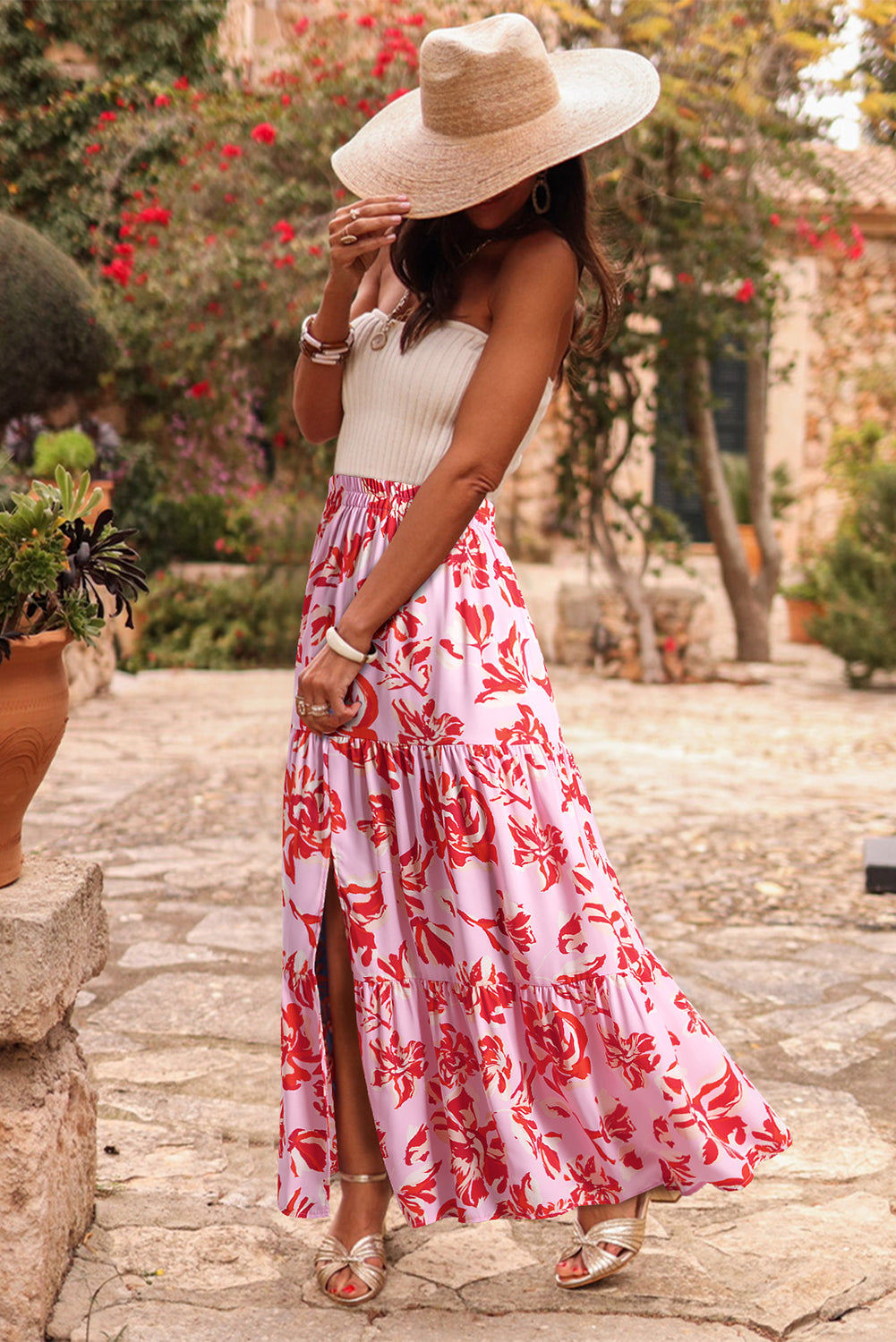 Floral Print Tiered Maxi Skirt with Split