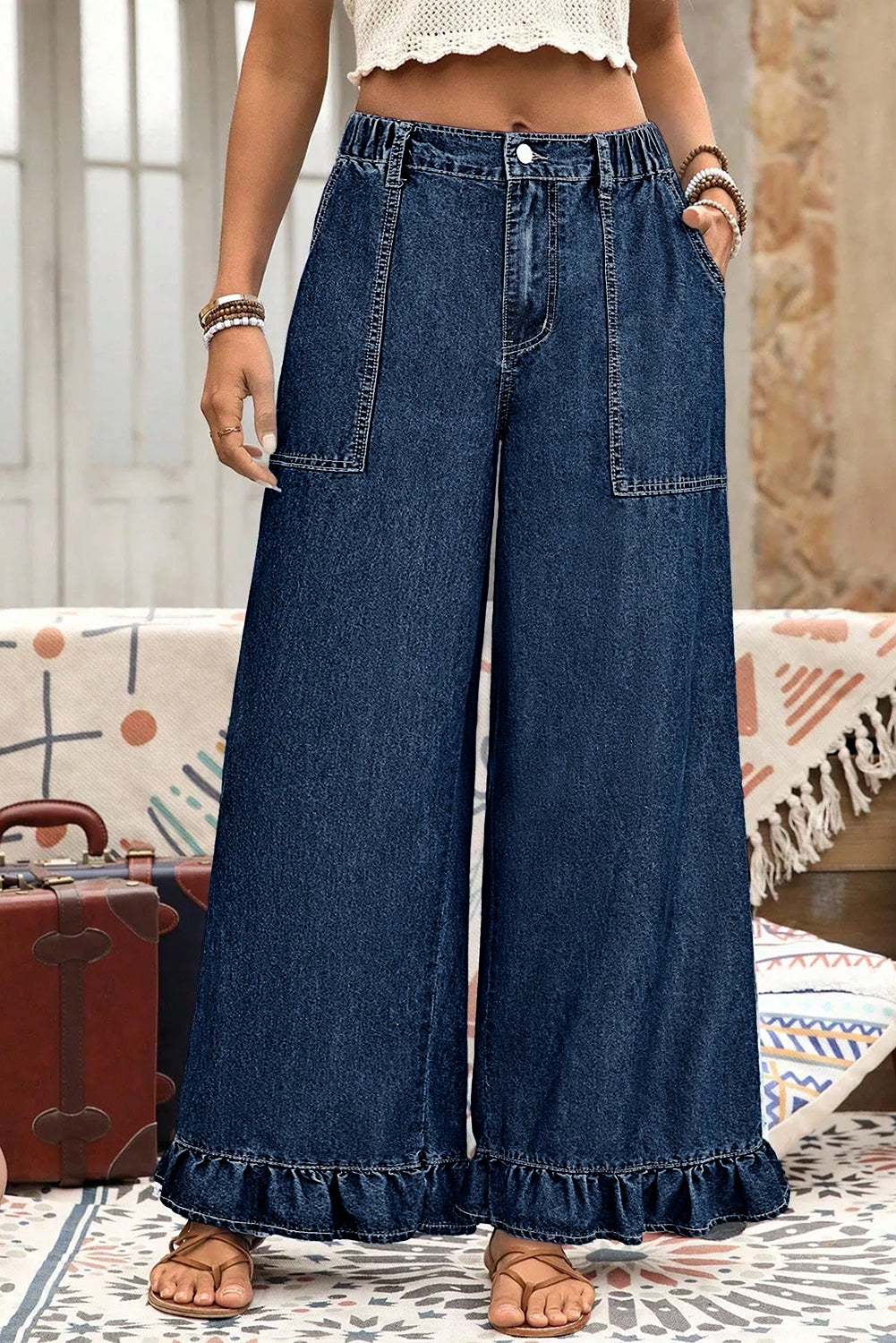 Plus Size Elastic Waist Ruffled Wide Leg Denim Pants