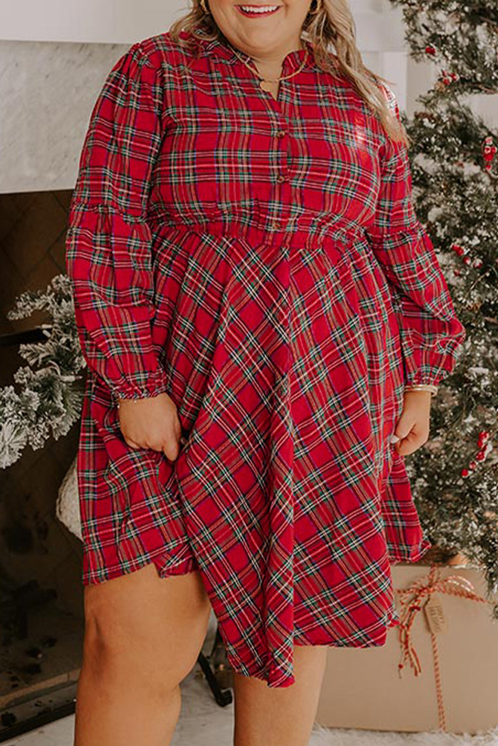Red Plaid Half Button Long Sleeve Holiday Dress - Plus Size