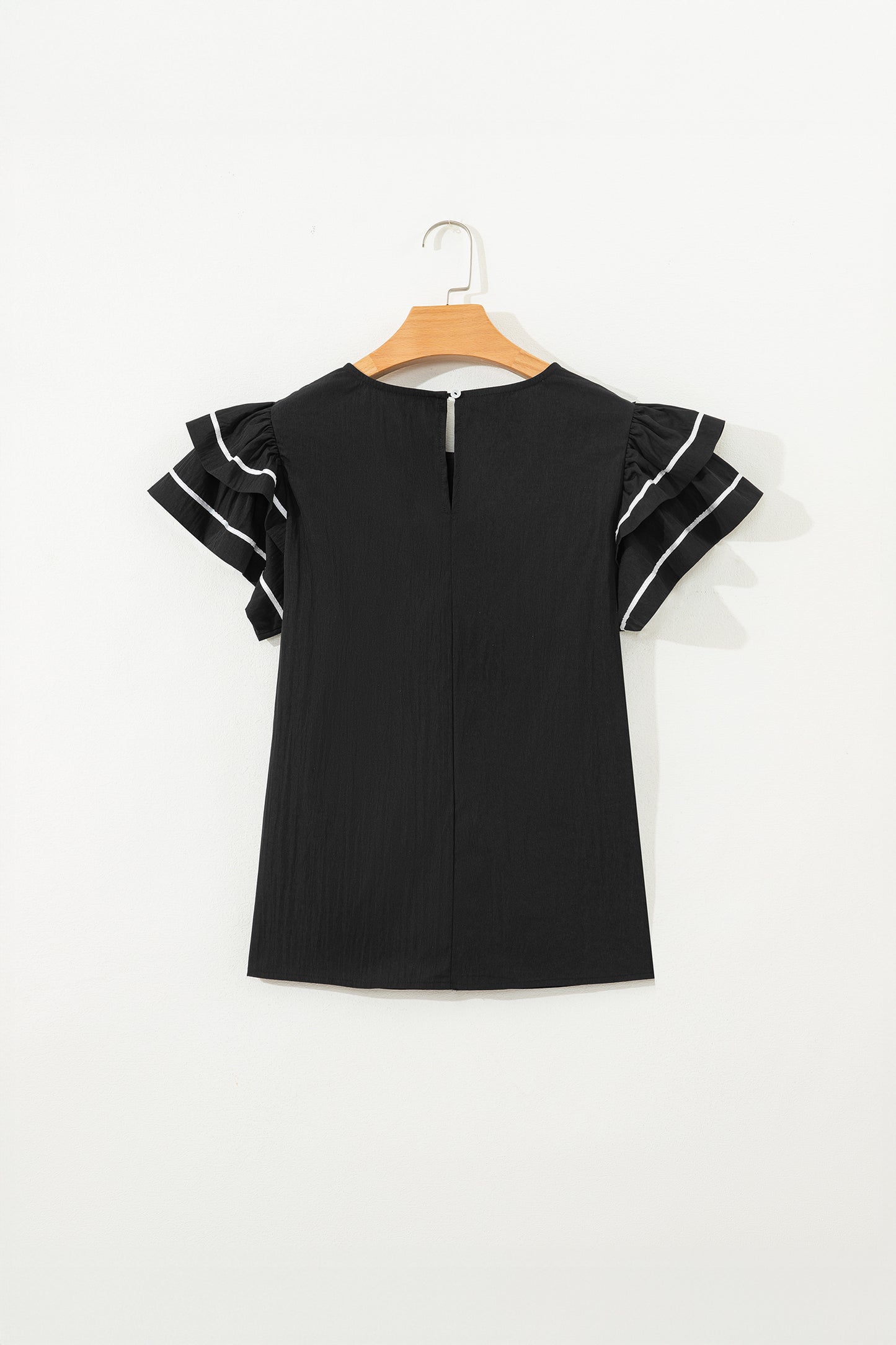 Contrast Trim Dual Ruffle Short Sleeve Textured Blouse