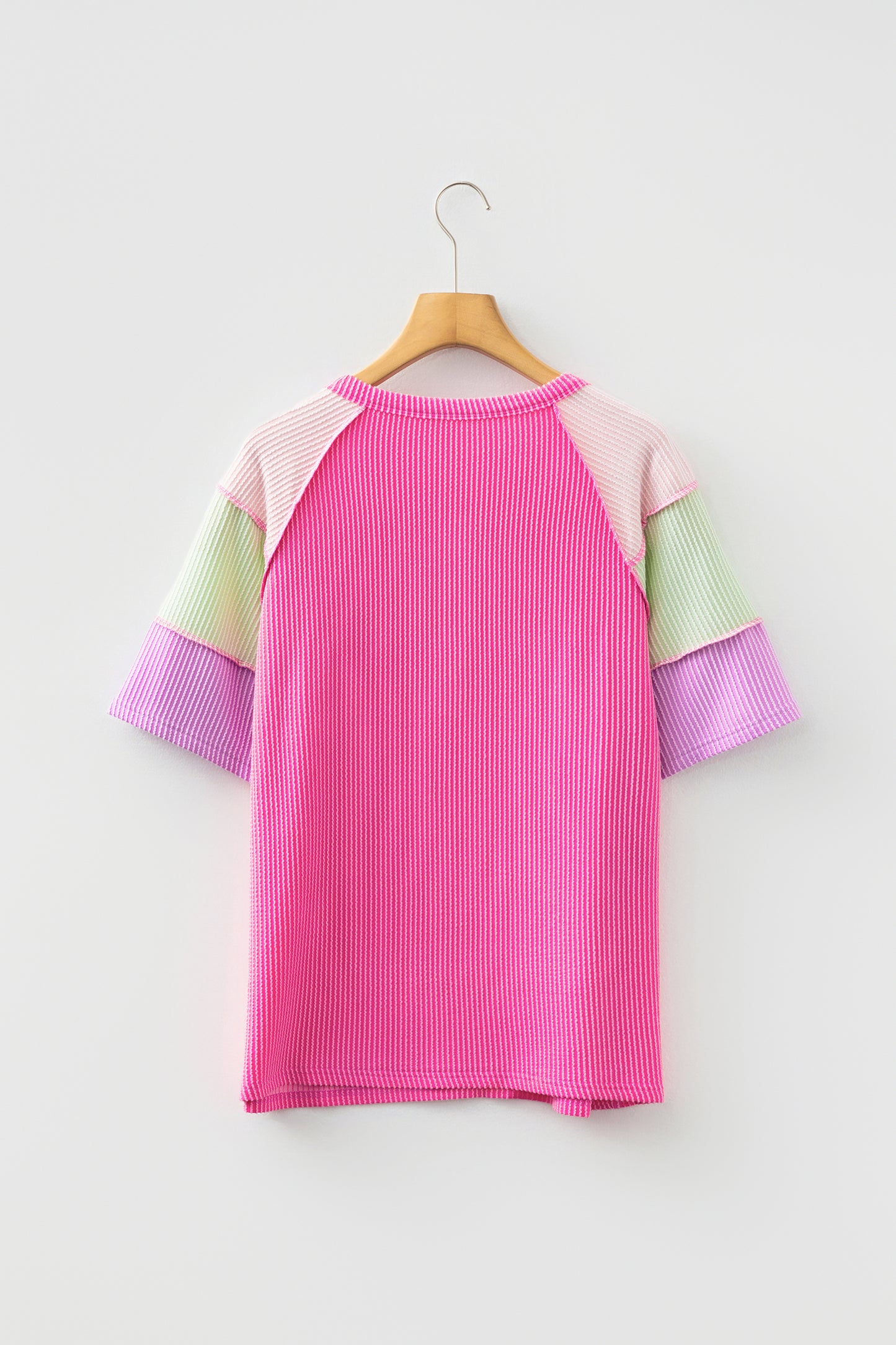 Twisted Ribbed Colour Block Patchwork Henley Short Sleeve T-Shirt - Bright Pink