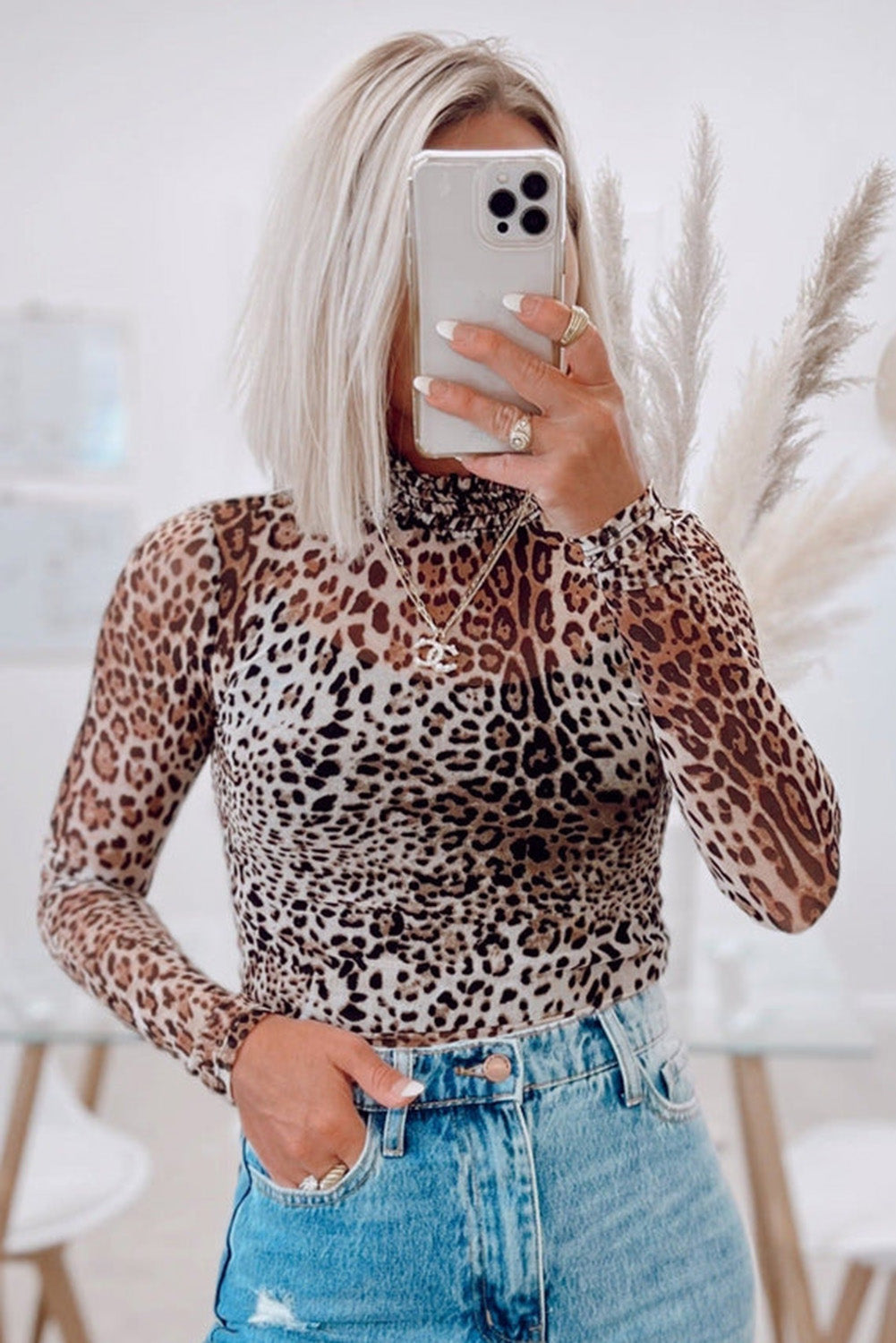 Brown Leopard Print Smocked Neck Mesh Long Sleeve Bodysuit