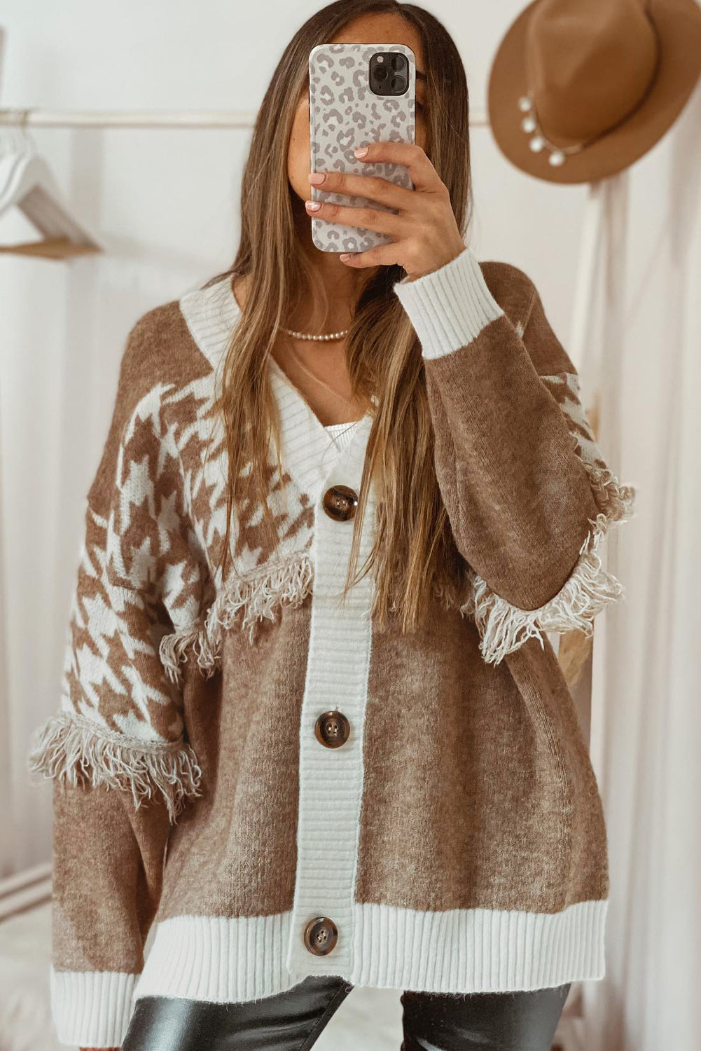 Houndstooth Color Block V Neck Raw Edge Button Front Cardigan