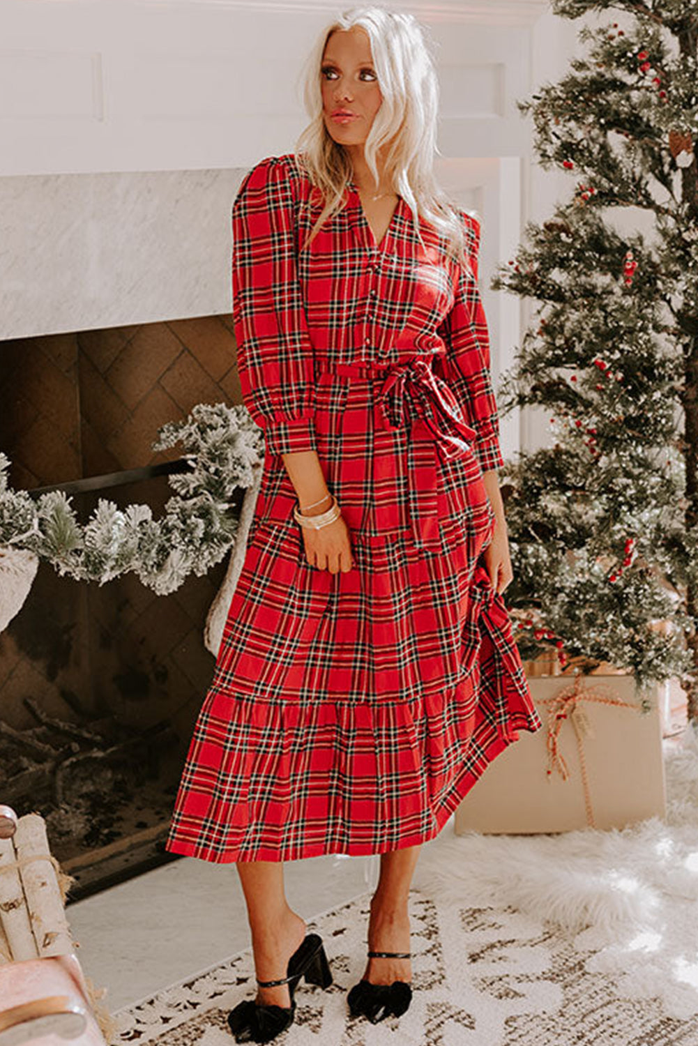 Christmas Plaid V Neck Tie Waist Ruffle Hem Long Dress