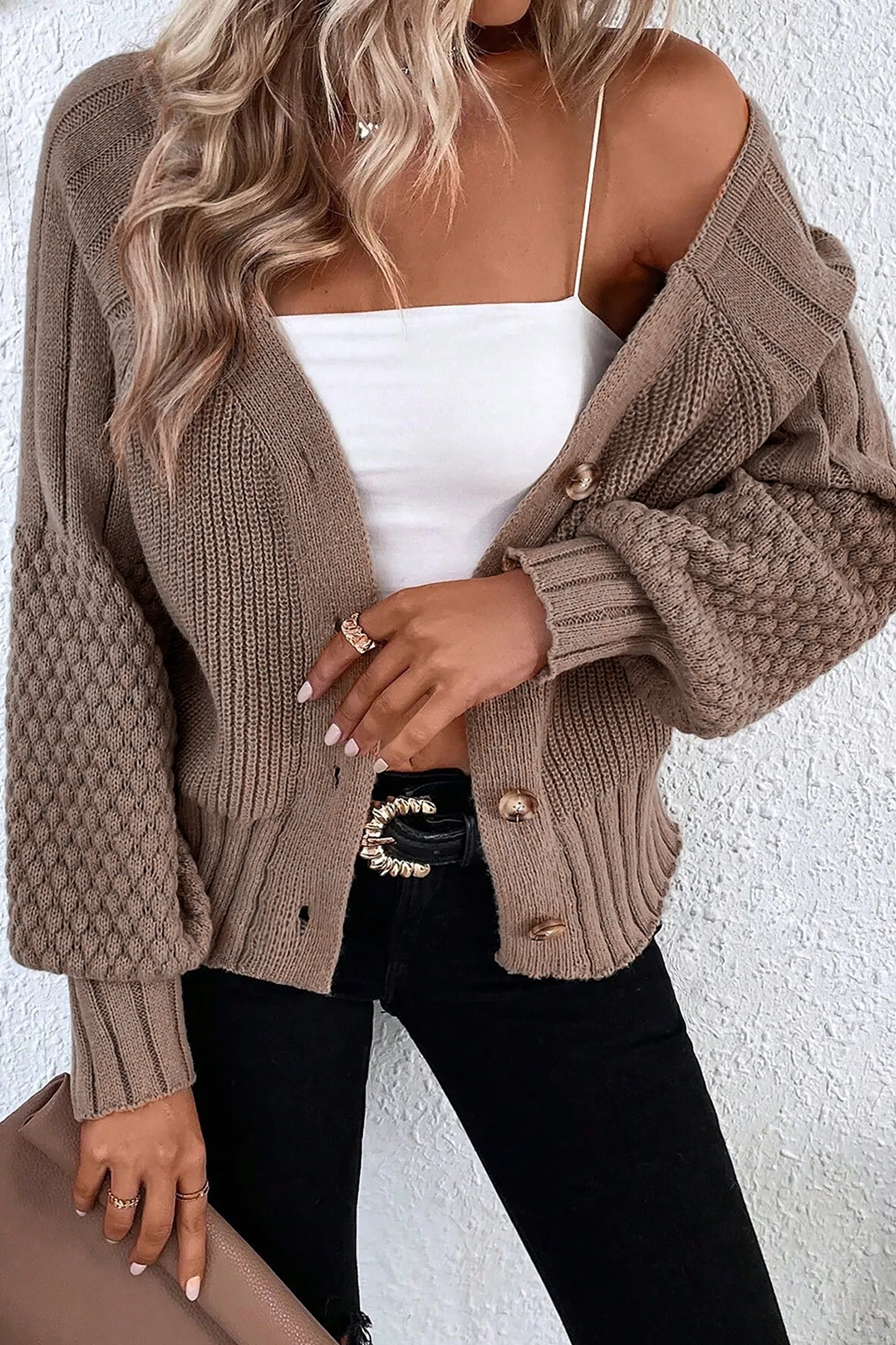 Mixed Texture Knit Button V Neck Sweater Cardigan
