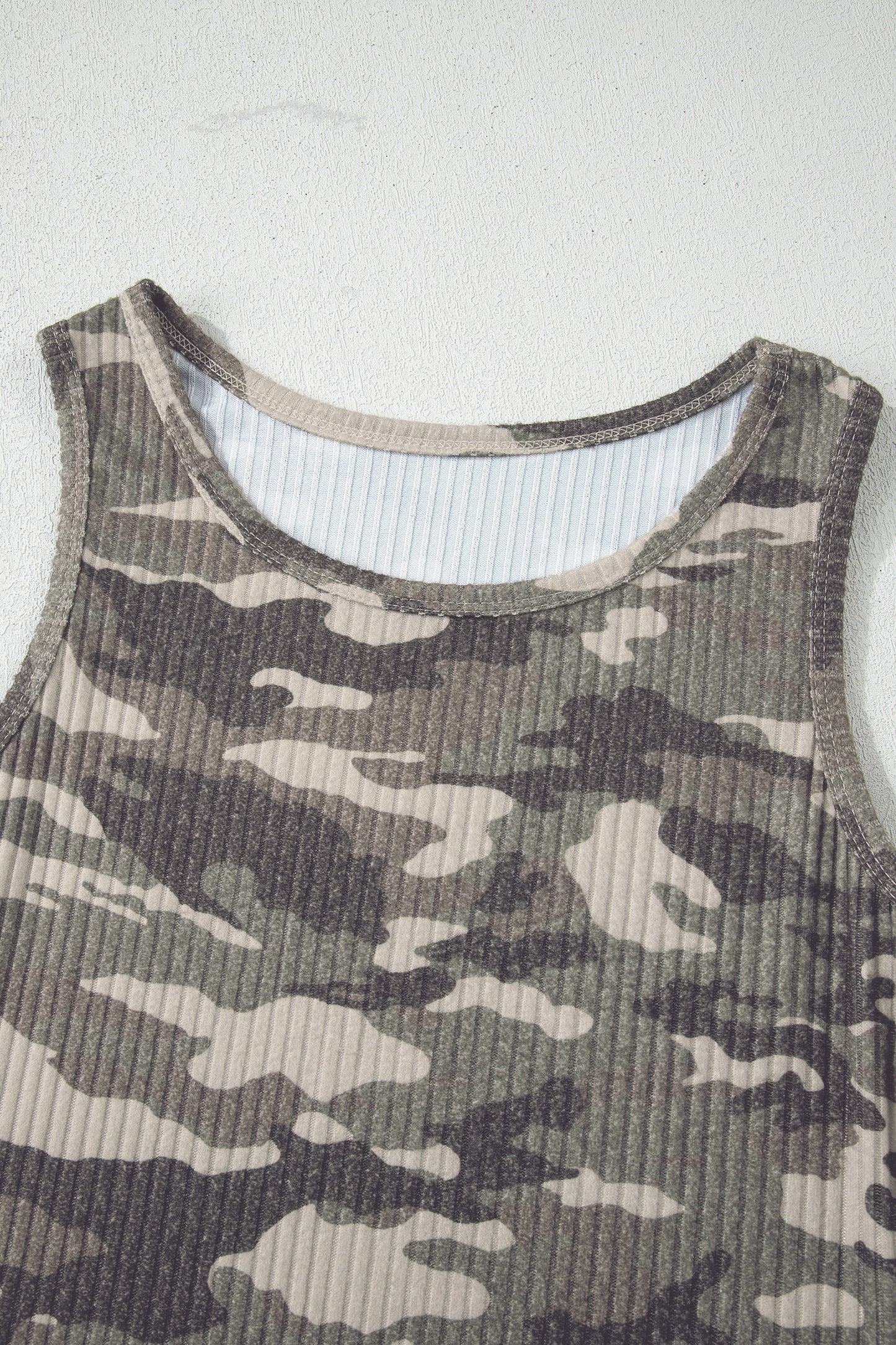 Green Camouflage Print Ribbed Knit Round Neck Tank Top