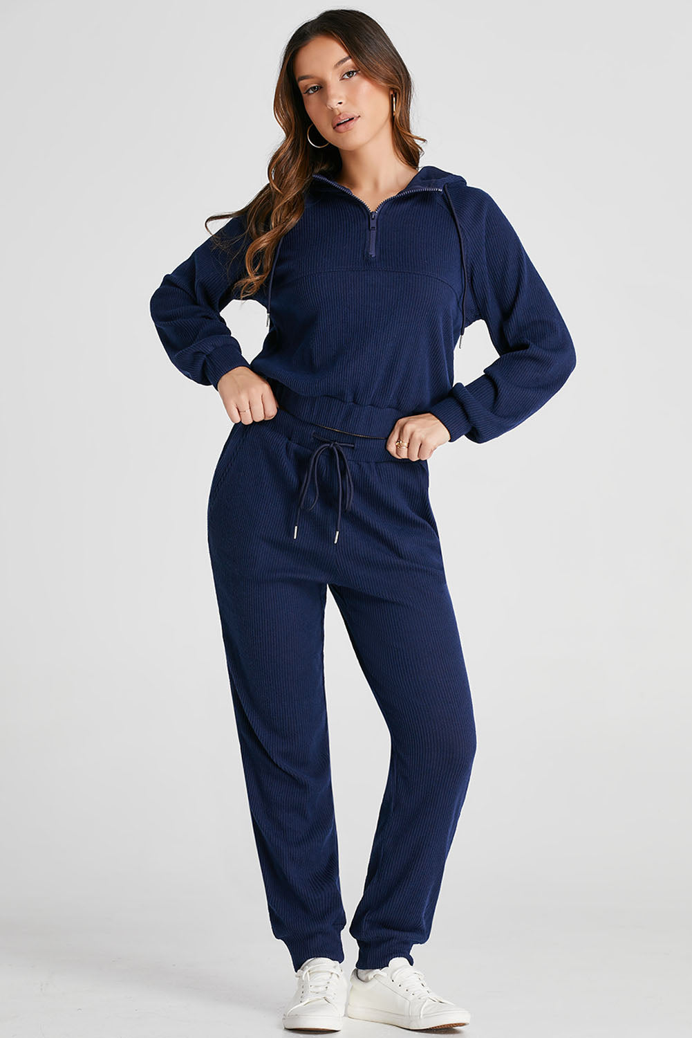 Ribbed Knit Cropped Hoodie and Drawstring Joggers Set