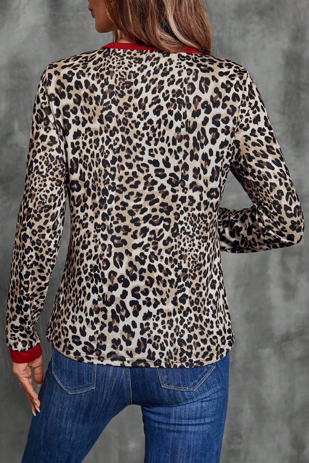 Leopard Print Contrast Trim Round Neck Long Sleeve Top