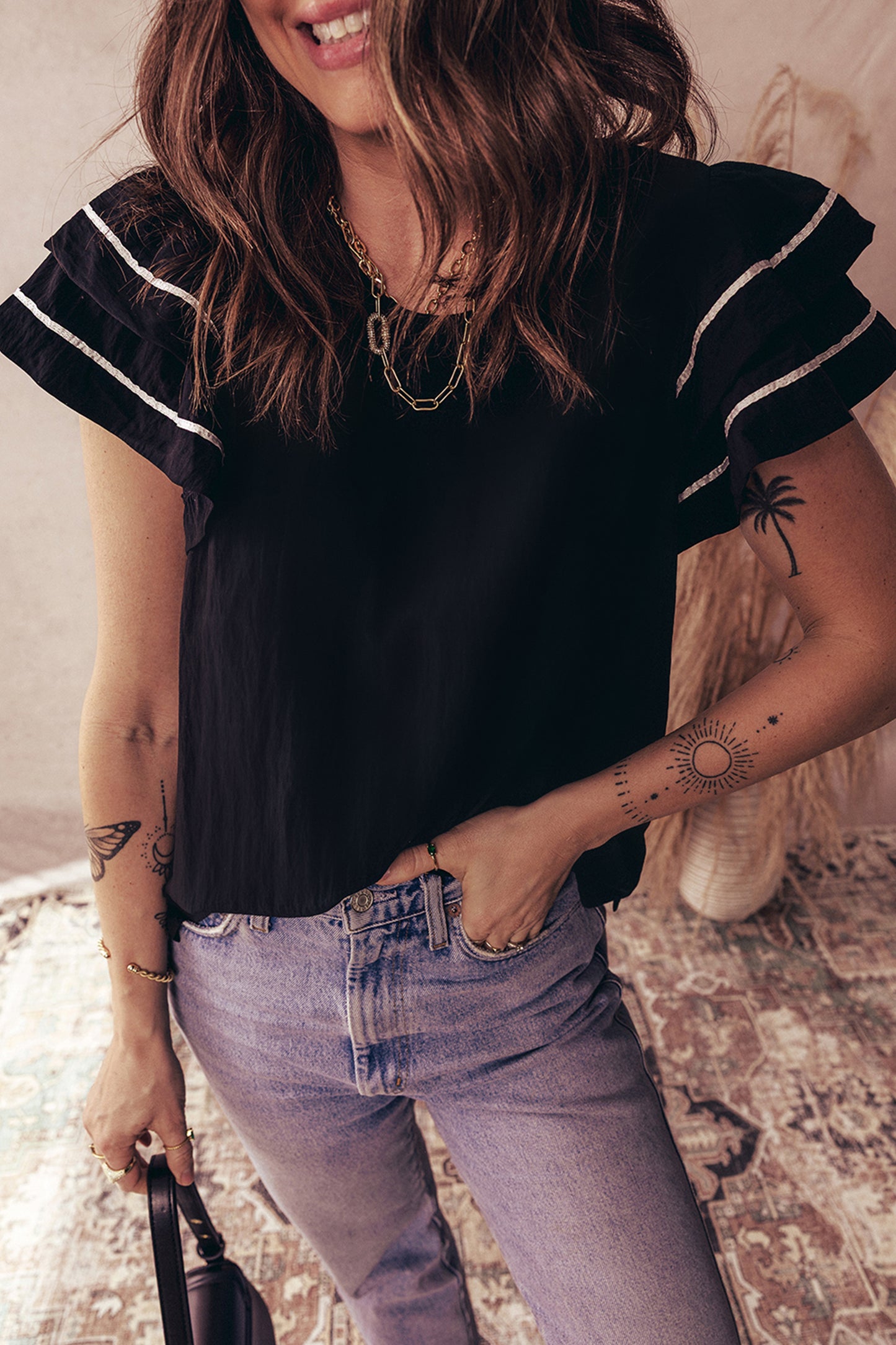 Contrast Trim Dual Ruffle Short Sleeve Textured Blouse