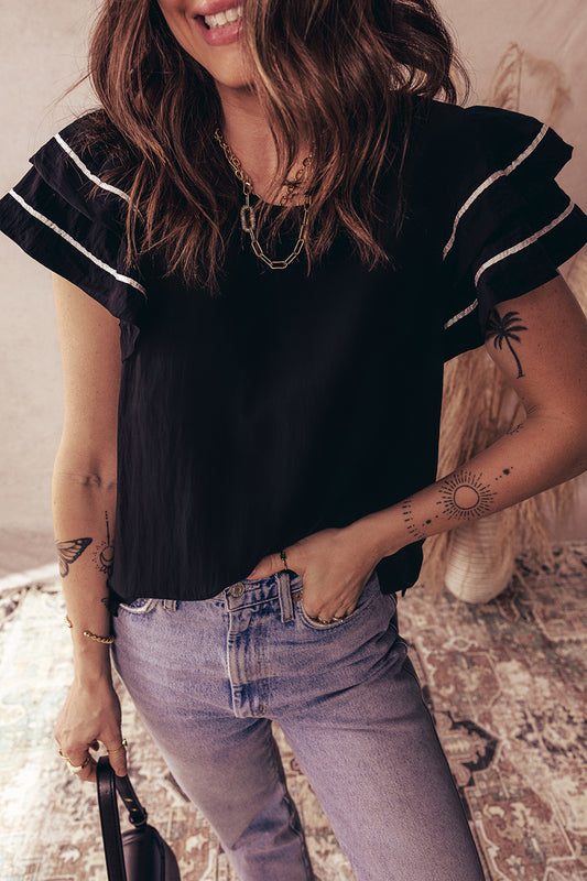 Contrast Trim Dual Ruffle Short Sleeve Textured Blouse