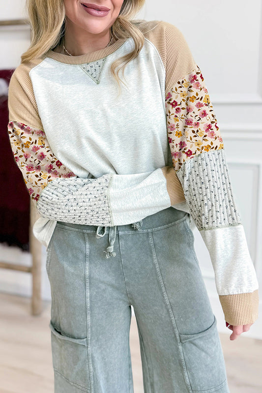 Light Grey Mixed Print Raglan Sleeve Patchwork Pullover Top