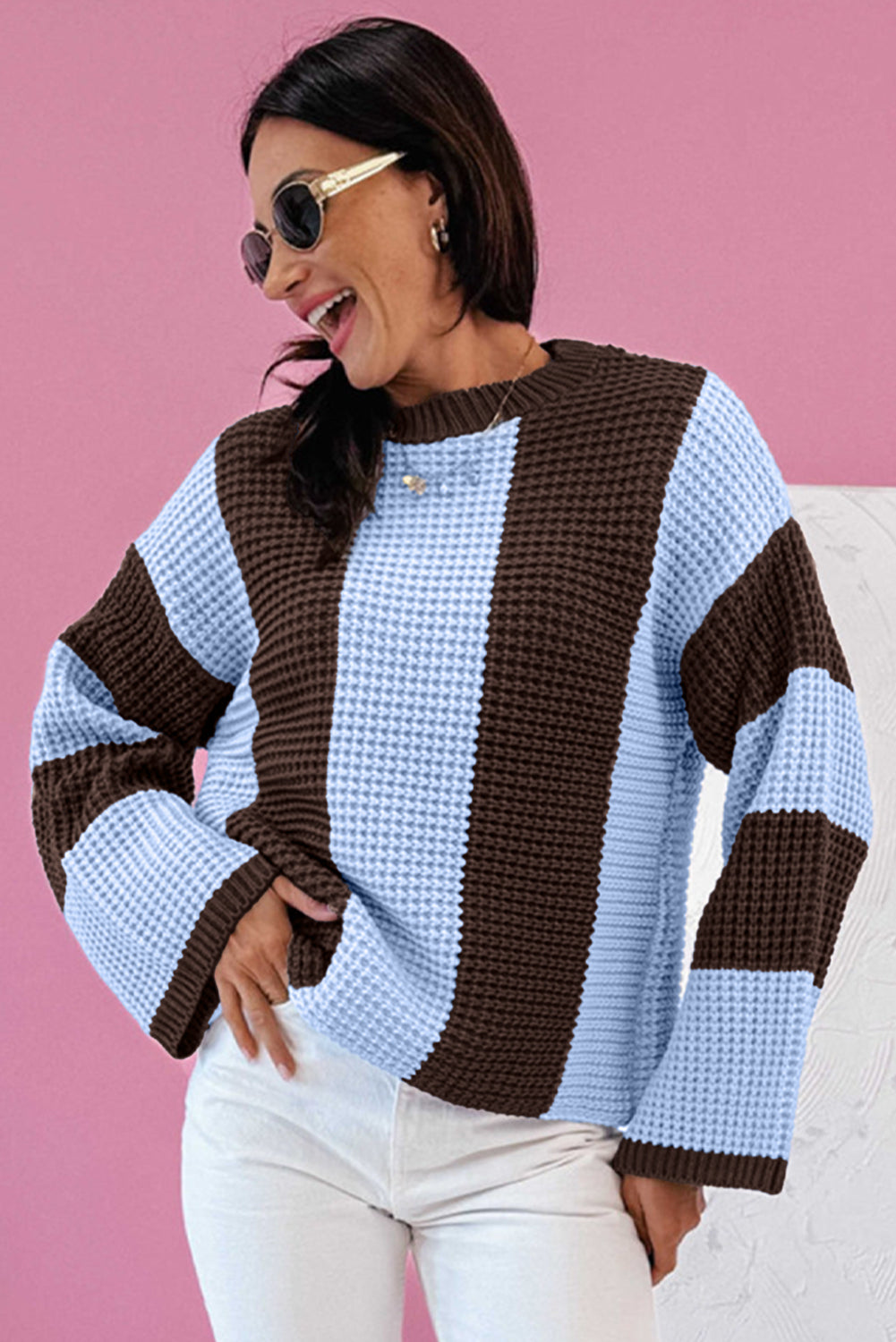Striped Color Block Thermal Textured Knit Drop Shoulder Sweater - Myosotis
