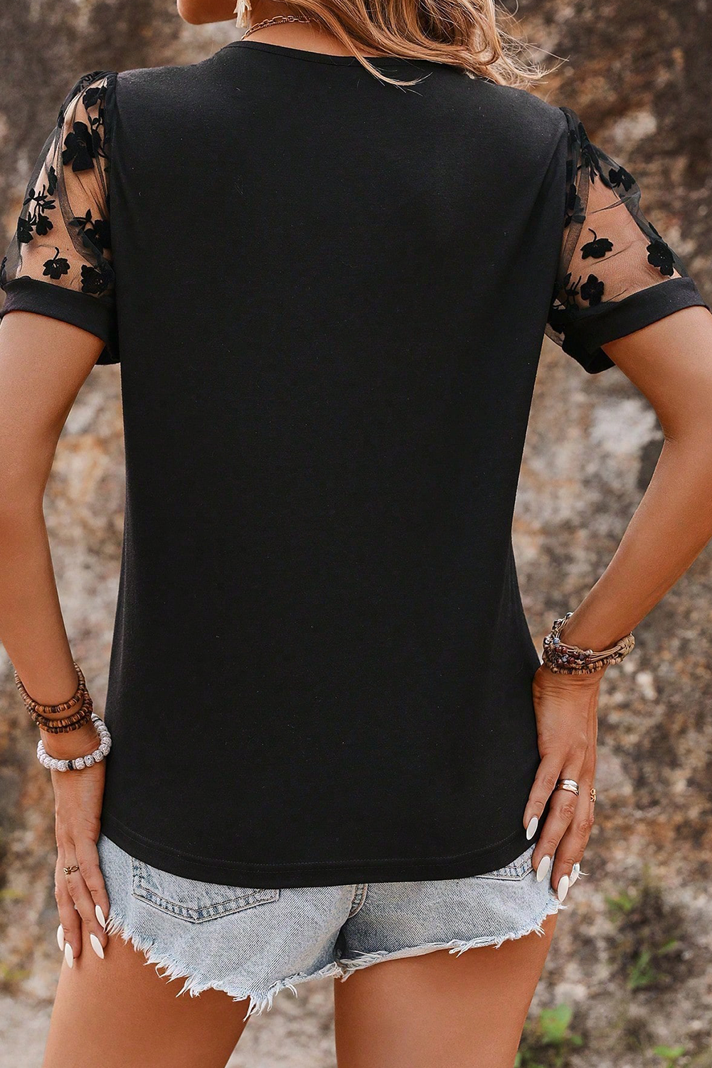 Floral Mesh Patchwork Loose V Neck Plus Size T Shirt