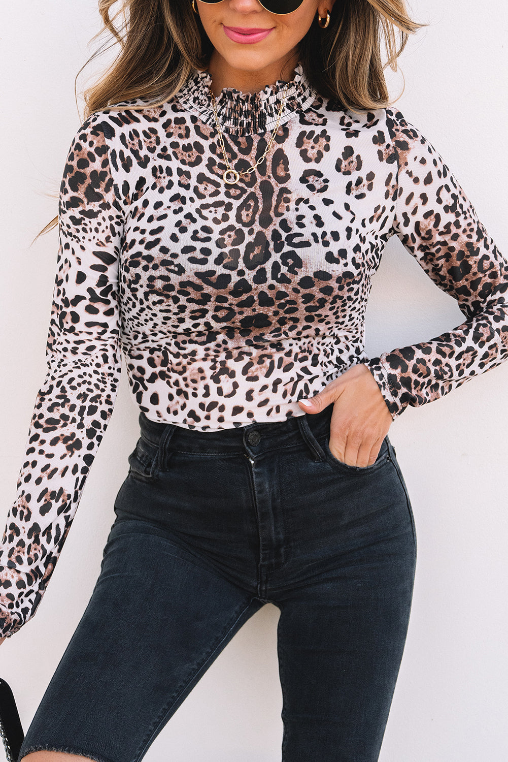 Brown Leopard Print Smocked Neck Mesh Long Sleeve Bodysuit