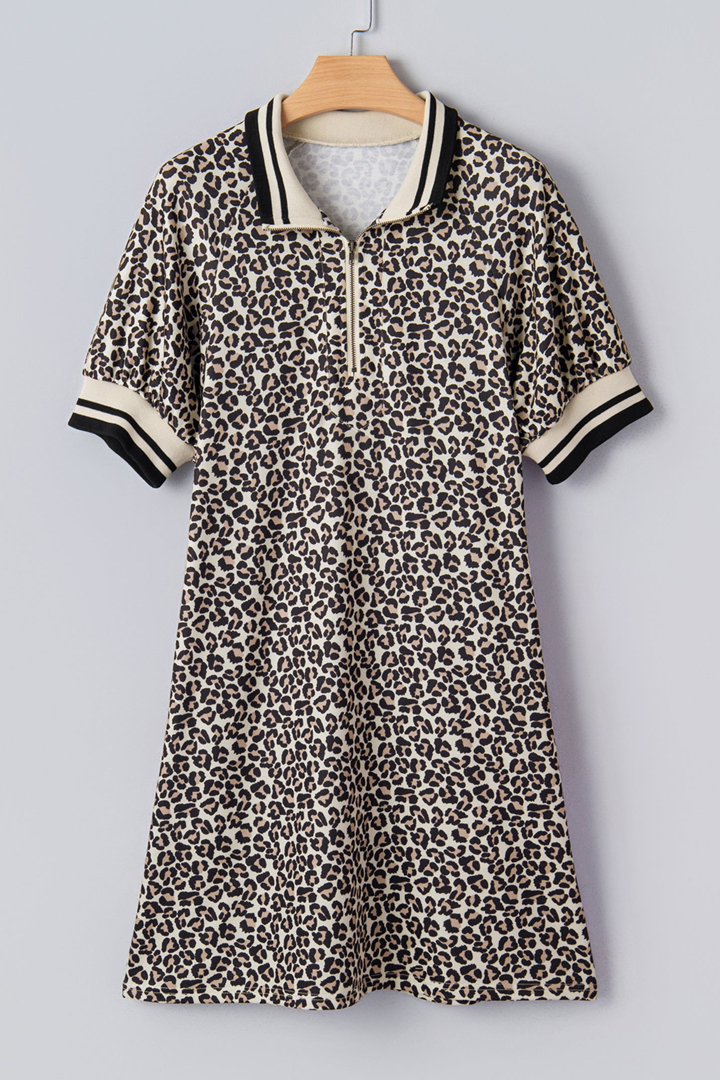 Leopard Print Zip Neck Striped Webbing Patchwork T-Shirt Mini Dress - Khaki