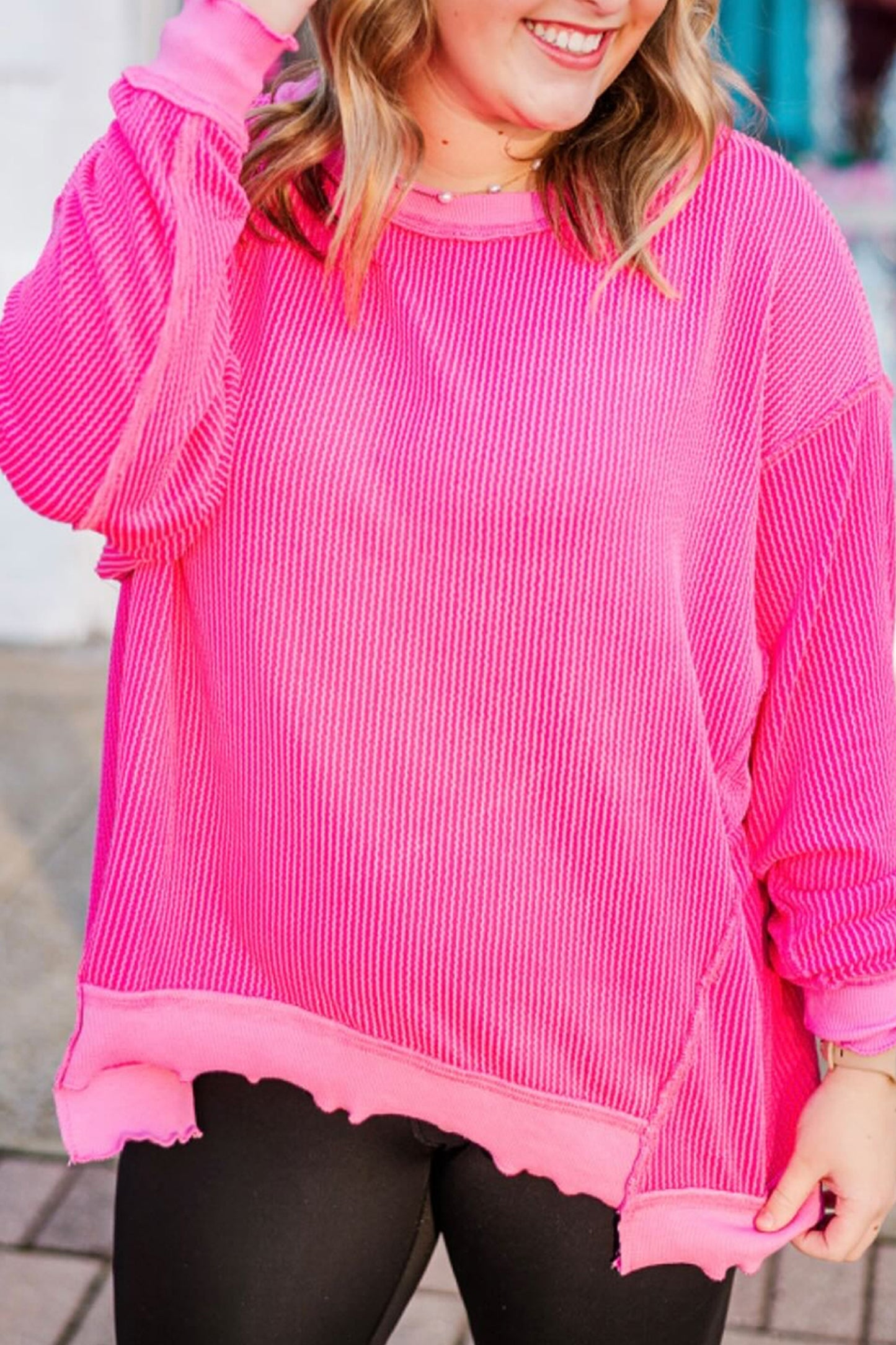 Drop Shoulder Uneven Hem Plus Size Twisted Rib Top