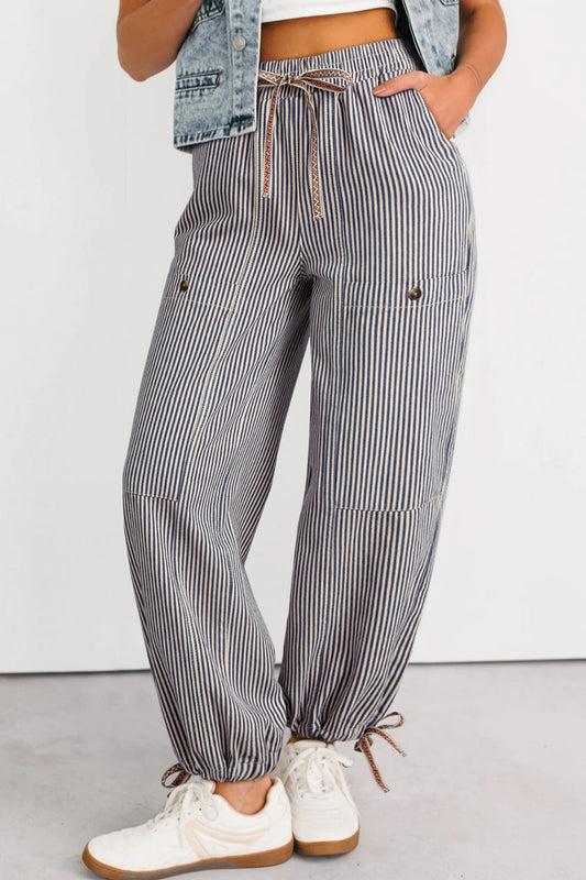 Stripe Button Patch Pocket Drawstring Loose Pants - Khaki