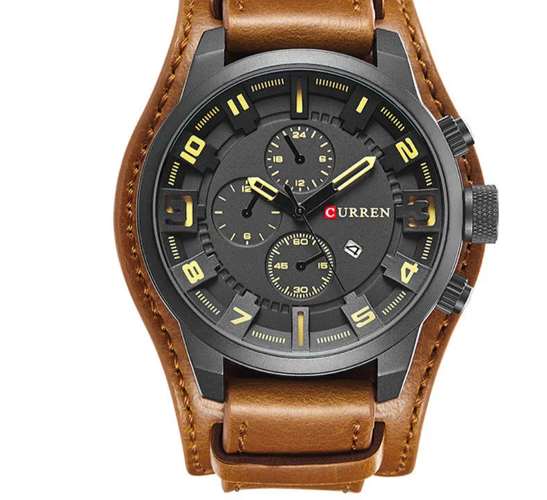 Men's Leather Strap Quartz Watch - Casual Sports Wristwatch with Date Display