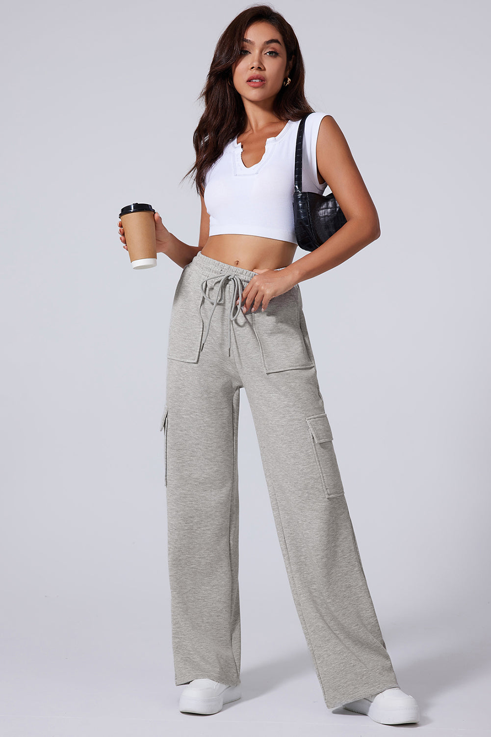 Multi Pockets Lace-Up High Waist Wide Leg Workout Pants